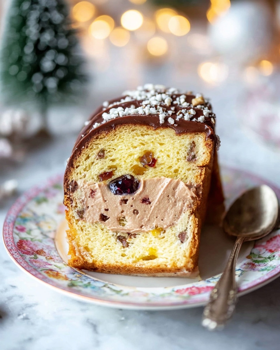 A single tall round cake with a golden brown textured surface sits on a white marbled background dusted with sugar. The top third of the cake is coated in smooth, dark chocolate glaze that drips slightly down the sides. Small green and red decorative sprinkles are scattered over the chocolate layer. The cake has a slightly rough and crumbly appearance on the bottom two-thirds, with a light and airy texture. photo taken with an iphone --ar 4:5 --v 7