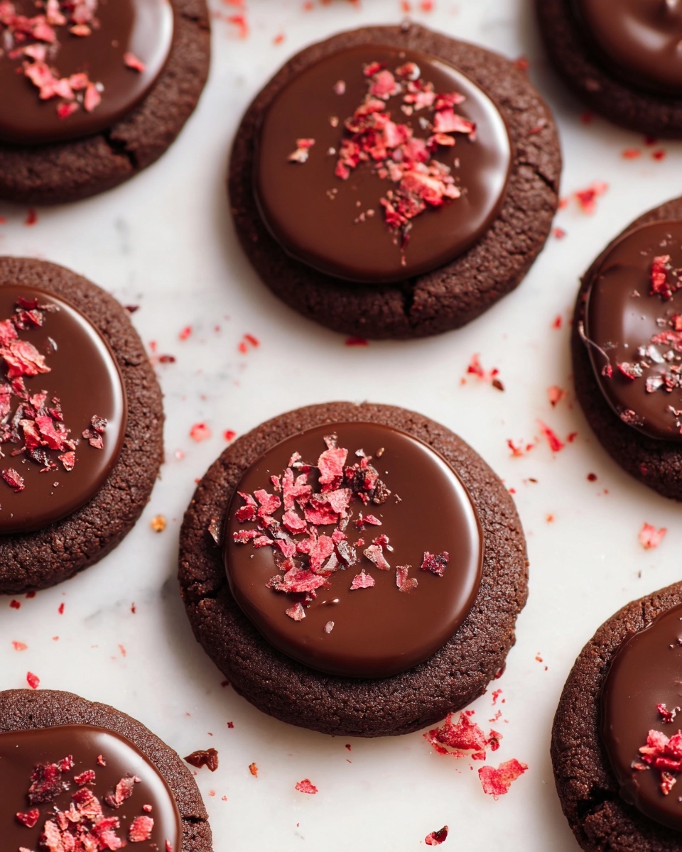A stack of three thick, round chocolate cookies sits on a white marbled surface. Each cookie is dark brown with a slightly rough texture, filled in the middle with a smooth, shiny layer of dark chocolate. The top cookie has a large dollop of glossy dark chocolate on one side, sprinkled with small pieces of red dried fruit. One cookie leans against the stack with a bite taken out, revealing the soft, moist interior. Small bits of red dried fruit and chocolate pieces are scattered around the cookies. photo taken with an iphone --ar 4:5 --v 7