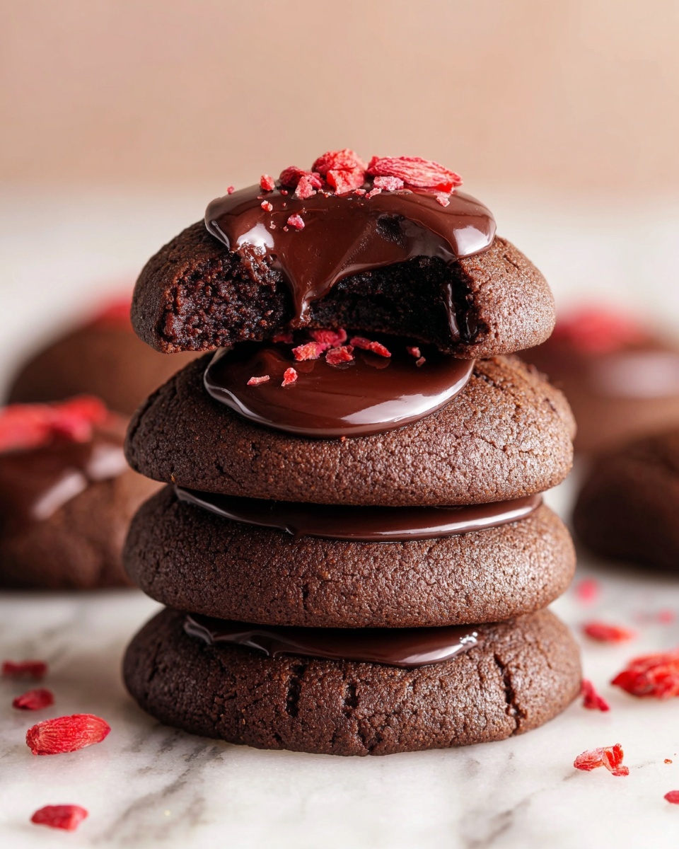 The image shows a stack of four thick chocolate cookies, each split open to reveal a smooth, glossy dark chocolate layer inside. The outer cookie layers are dark brown with a crumbly texture, while the inner chocolate is shiny and rich, looking creamy and soft. The stack sits on a white marbled surface with small pieces of red dried fruit scattered around the base. The background is softly blurred, showcasing more chocolate cookies. photo taken with an iphone --ar 4:5 --v 7