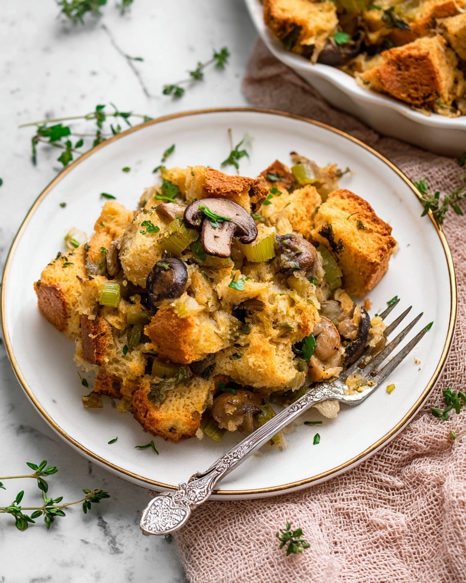 The image shows a serving of stuffing on a white plate with a thin gold edge. The stuffing has three main layers: large golden-brown bread chunks on the top, lightly cooked celery slices and browned mushrooms mixed in the middle, and small bits of fresh green herbs scattered over all layers. A silver fork with an ornate handle lies on the plate, partially inserted into the stuffing. The plate is placed on a white marbled surface with small green herb leaves and a soft pink textured cloth nearby. Photo taken with an iphone --ar 4:5 --v 7