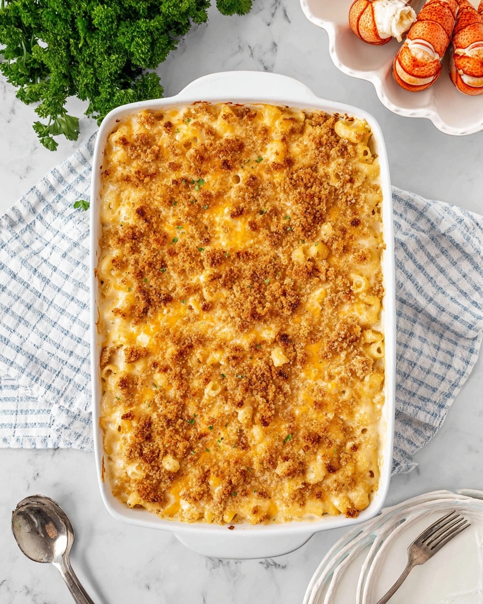 A baked casserole dish filled with a three-layer mac and cheese. The bottom layer is creamy off-white pasta, followed by a mid-layer of melted yellow and white cheese with small browned spots, and topped with a golden-brown crumbly crust that has toasted bits scattered unevenly. The dish is in a white rectangular ceramic pan placed on a white marbled surface. Around the pan, there is a white and blue checkered cloth, a small bunch of green leafy parsley at the top left, a white scalloped dish with lobster tails on the top right, and a white plate with a silver fork on the bottom right. Photo taken with an iphone --ar 4:5 --v 7