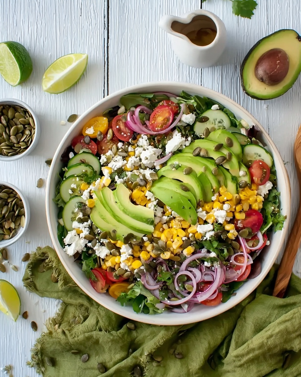 A large white bowl holds a colorful salad with many layers. The bottom layer is mixed green leaves with some sliced cucumber and halved cherry tomatoes. On top of that, there are yellow corn kernels and thin slices of red onion scattered throughout. Over these, there are many slices of bright green avocado arranged evenly. White cheese crumbles are spread in small clusters across the salad. Dark green pumpkin seeds are sprinkled on top along with fresh cilantro leaves. The bowl sits on a white wooden surface partially covered with a green cloth napkin. Nearby are small white dishes holding more pumpkin seeds and lime halves, along with a wooden spoon in a white cup. Photo taken with an iphone --ar 4:5 --v 7