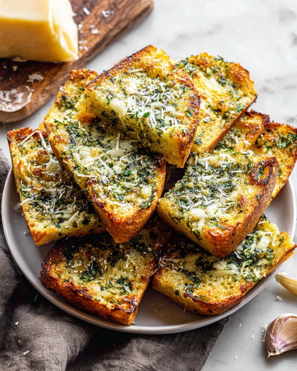 Several square pieces of toasted bread are arranged loosely on a sheet of parchment paper over a white marbled surface. Each bread piece has a thick golden-brown crust with a light, airy inner texture visible. The top layer is coated evenly with a green herb mixture spread in patches, showing finely chopped herbs blended with melted butter, creating a shiny, slightly oily surface. The toast edges are crisp and darker in color, giving a crunchy look. photo taken with an iphone --ar 4:5 --v 7