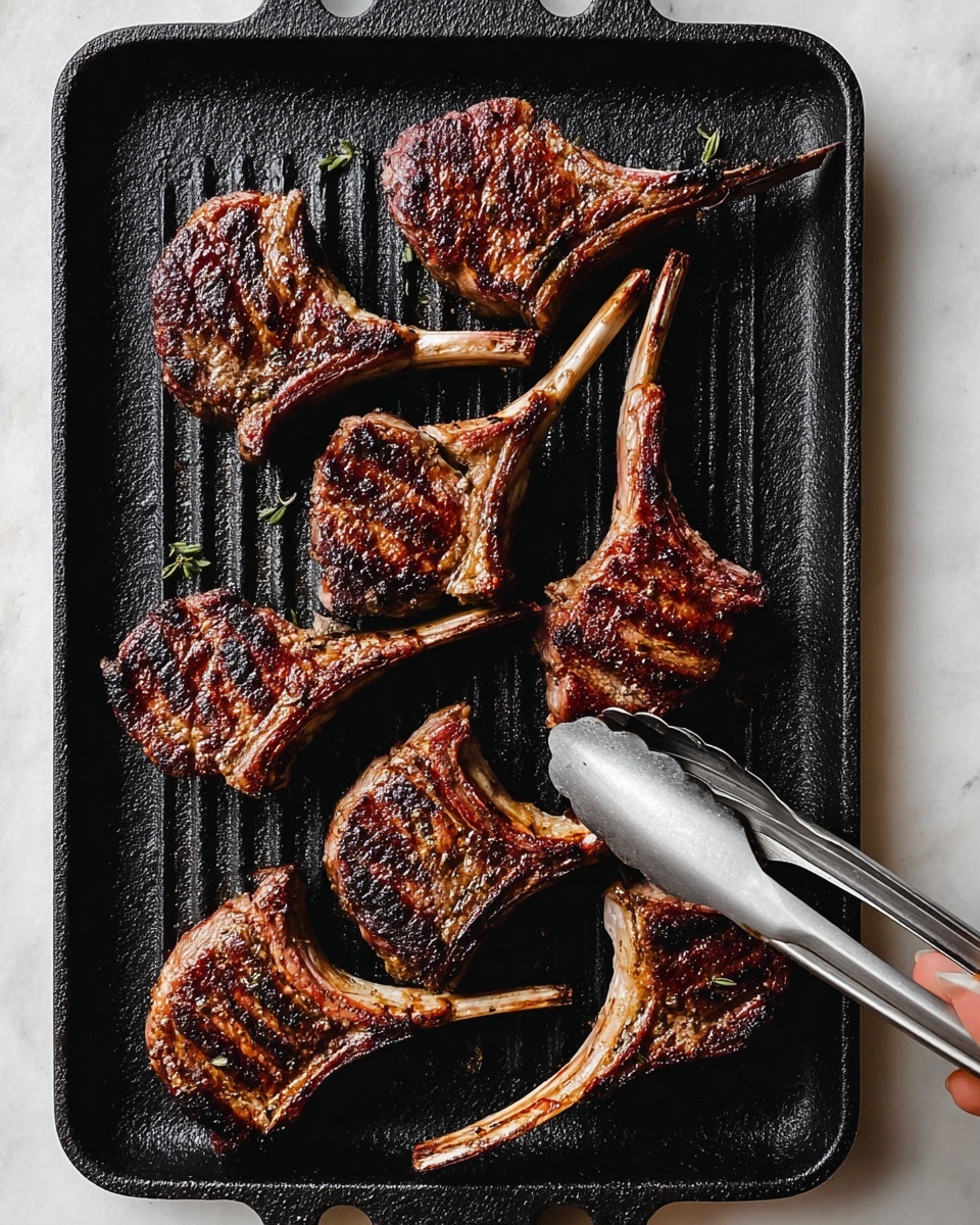 Seven grilled lamb chops with a dark brown and slightly charred crust are arranged in two loose rows on a black cast iron grill pan. The thick meat has visible grill marks and a textured surface, with some areas showing a bit of herb seasoning. On the right side, silver metal tongs held by a woman's hand touch one of the lamb chops. The grill pan sits on a white marbled surface. photo taken with an iphone --ar 4:5 --v 7