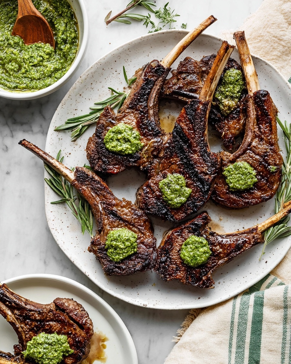 A white speckled plate holds seven grilled lamb chops with dark brown, charred edges and juicy textures. Each chop has a long bone sticking out, and some are topped with dollops of a coarse green sauce. Fresh rosemary sprigs are scattered over and around the meat. To the left, a white bowl filled with more green sauce and a wooden spoon rests on a white marbled surface. Below and partially visible, a white plate shows one lamb chop with green sauce on top. The background features small bits of rosemary and a light beige cloth with green stripes. Photo taken with an iphone --ar 4:5 --v 7