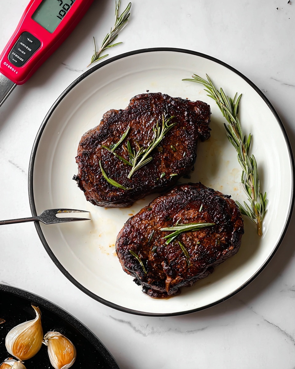 Two thick, dark brown grilled steaks with a slightly crispy texture are placed side by side on a white plate with a thin black rim. Each steak is garnished with small sprigs of fresh green rosemary. The plate sits on a surface with a white marbled texture. Above the plate, a red digital thermometer with a thin metal probe is visible. In the bottom left corner, part of a black skillet can be seen with cloves of garlic and rosemary inside. photo taken with an iphone --ar 4:5 --v 7