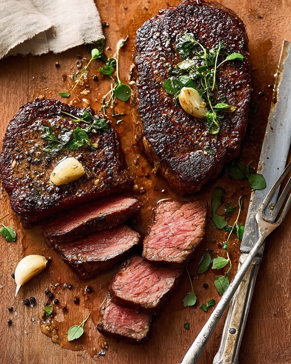The image shows two thick, grilled steaks with a dark brown, crispy crust, topped with green herb leaves and whole garlic cloves scattered around. One steak is whole, while the other is partially sliced into 5 pieces showing a pink, juicy inside with a slight sear on the edges. The steaks are placed on a wooden cutting board with visible meat juices around, and a silver fork and serrated knife are resting near the sliced steak. The scene includes a few loose green herb sprigs and black pepper scattered on the board, creating a rustic, hearty look. Photo taken with an iphone --ar 4:5 --v 7