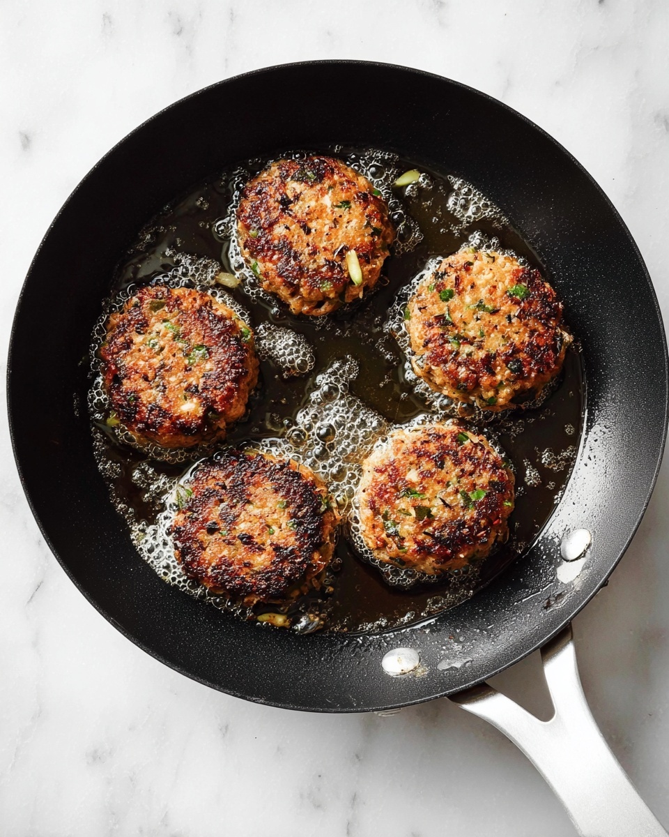 Five browned patties with a rough texture and visible small green and white bits are cooking in a black skillet with a white handle. The patties appear thick and are surrounded by sizzling oil bubbles, giving a shiny look on the skillet surface. The skillet sits on a white marbled background that adds a clean contrast to the dark pan and golden patties. photo taken with an iphone --ar 4:5 --v 7