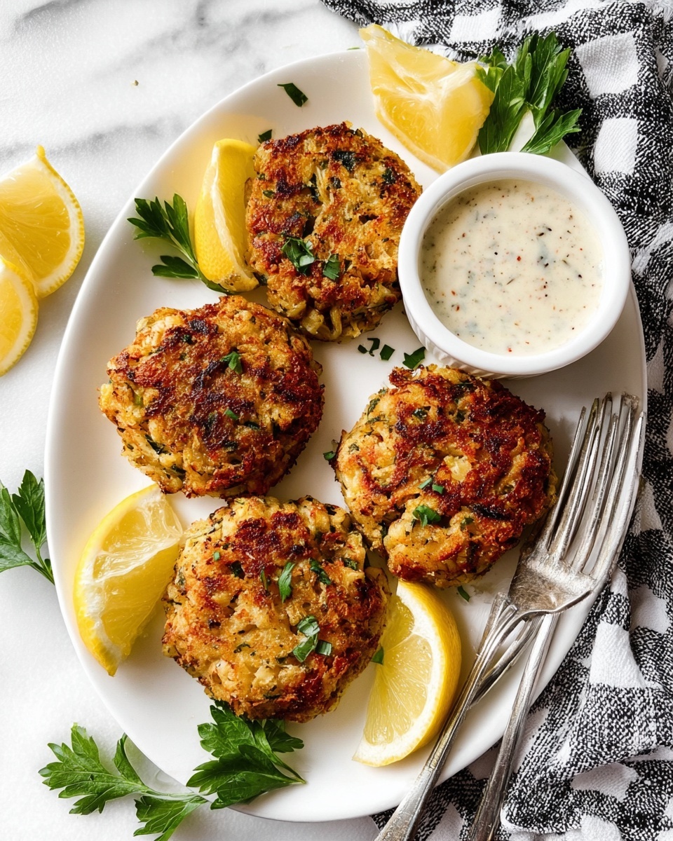 The image shows four golden brown crab cakes with a slightly crispy texture, scattered with small green herbs on top, arranged on a white oval plate. Around the crab cakes are several lemon wedges placed in different positions on the plate's edge to add fresh yellow and white color. There is a small white cup filled with a creamy white sauce speckled with herbs and spices, located near the top right of the plate, next to two silver forks. Fresh green parsley sprigs are placed on the plate’s bottom left corner and near the lemon wedges. The setup is on a white marbled surface, with a black and white checked cloth napkin in the background. Photo taken with an iphone --ar 4:5 --v 7
