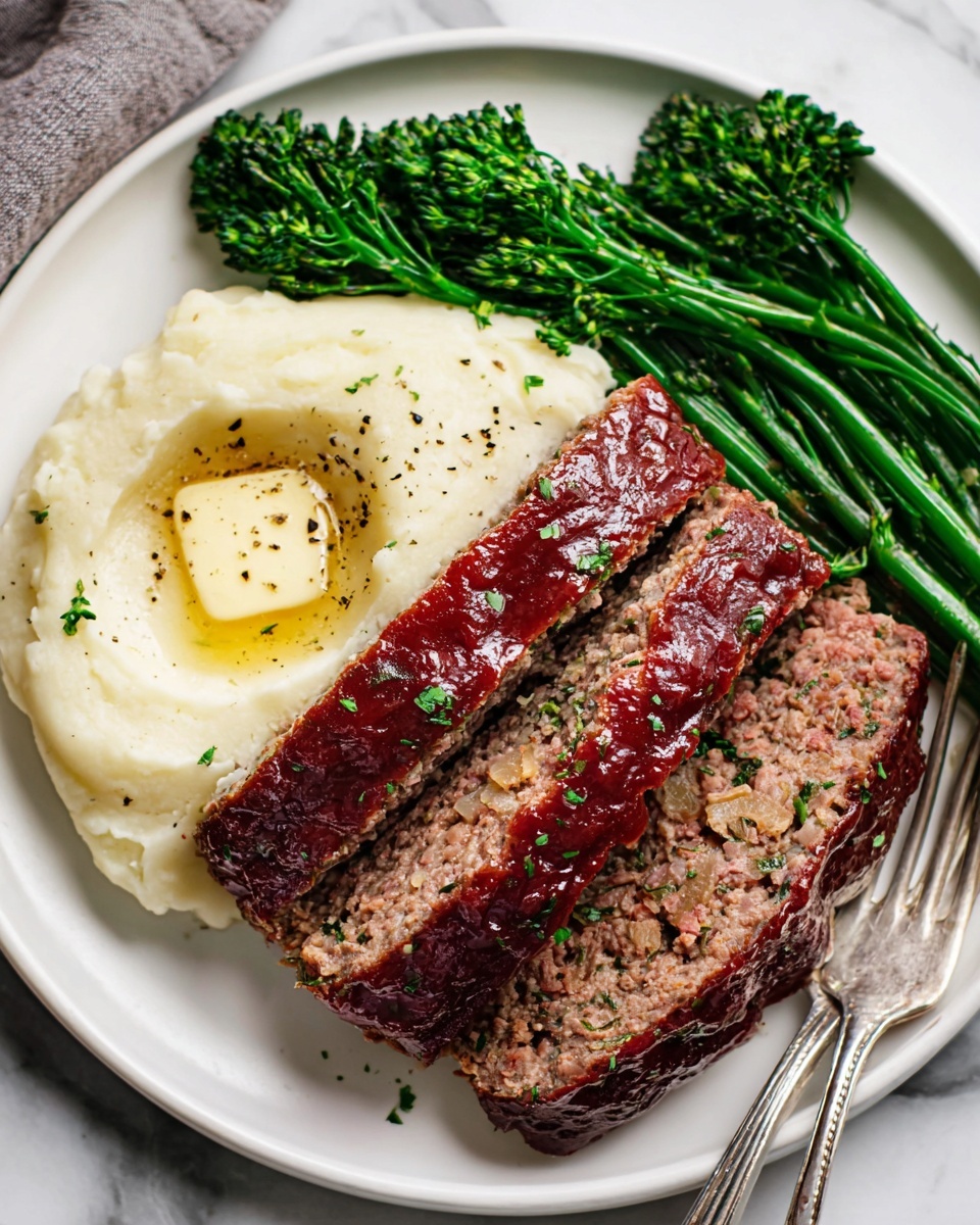 This dish shows two thick slices of meatloaf that are dark brown inside with bits of onion visible and a shiny, reddish-brown glaze on top. The meatloaf slices lie on the right side of a white plate. On the left side, there is a small bunch of bright green broccolini with long stems and florets. Behind the meatloaf, there is a serving of creamy mashed potatoes that are pale white with a smooth texture and a small pool of melted butter in the center, sprinkled with black pepper and chopped herbs. The plate is set on a white marbled surface with a silver fork on the bottom right edge of the plate. photo taken with an iphone --ar 4:5 --v 7