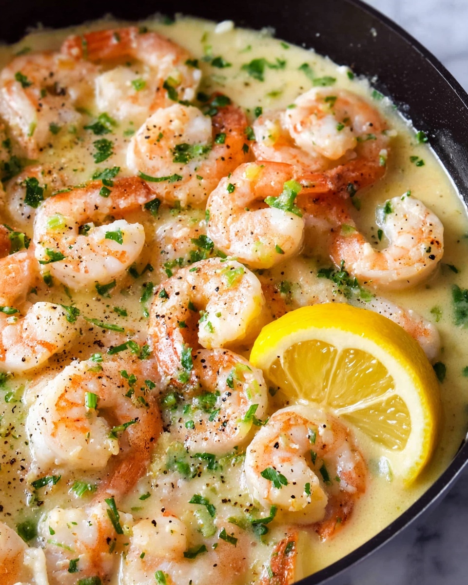 The image shows a close-up of cooked shrimp in a black pan, covered with a creamy sauce that is light yellow with green herbs sprinkled on top. The shrimp are pink and white with some black pepper and small green parsley pieces scattered across them. Near the center-right side, a bright yellow lemon wedge is partially submerged in the sauce, adding a pop of color. The sauce looks smooth and slightly thick. The shrimp are arranged in layers, with some overlapping each other, and the background is a white marbled texture. The photo taken with an iphone --ar 4:5 --v 7