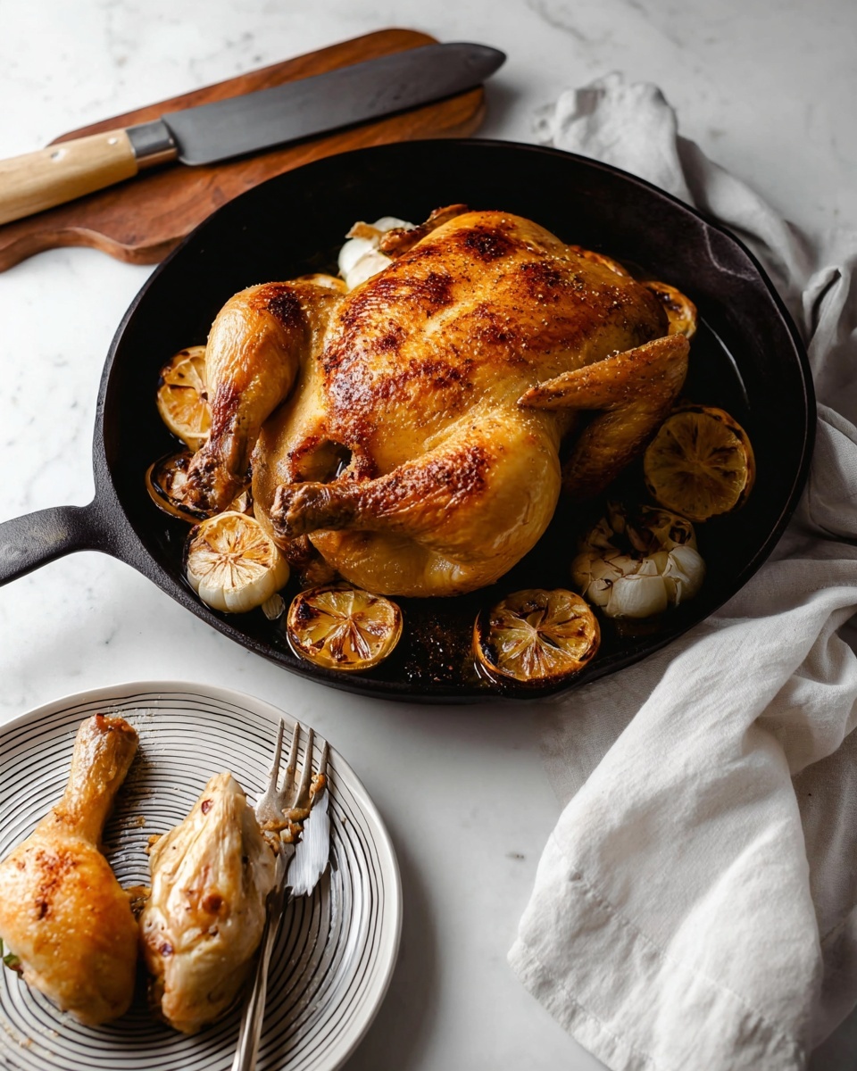 A cooked whole chicken with golden brown, crisp skin sits in a black cast iron pan on a white marbled surface. The chicken is surrounded by caramelized lemon slices and three halved heads of roasted garlic with browned tops. In front of the pan, a single serving of chicken leg and thigh rests on a white plate with thin gray circular lines, accompanied by a fork with a wooden handle. A wooden board with a large silver knife rests behind the pan, and a white cloth napkin is placed to the right side. The lighting is soft, creating warm highlights on the chicken and food. photo taken with an iphone --ar 4:5 --v 7