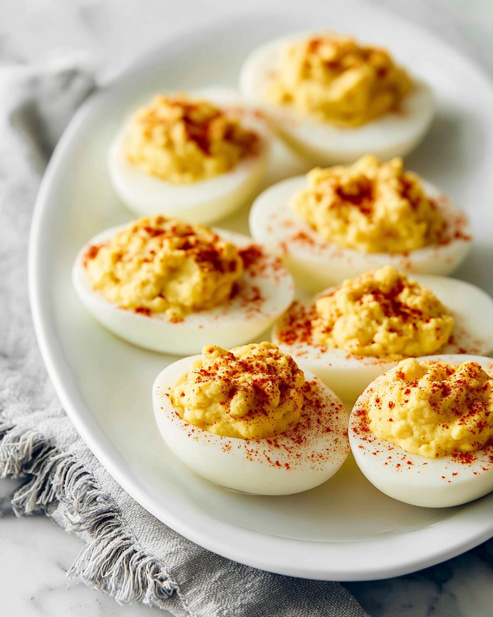 The image shows six deviled eggs arranged on a white oval plate, set on a white marbled surface. Each egg is sliced in half, with a smooth white egg white base layer and a textured creamy yellow filling of mashed yolk in the center. The filling is uneven and slightly lumpy, sitting above the egg white, and sprinkled with a reddish-brown powder, likely paprika, creating a contrast against the pale yellow. The eggs are closely placed, with a soft gray cloth with fringed edges partially visible on the lower left corner. The scene is bright and clear with natural light. Photo taken with an iphone --ar 4:5 --v 7