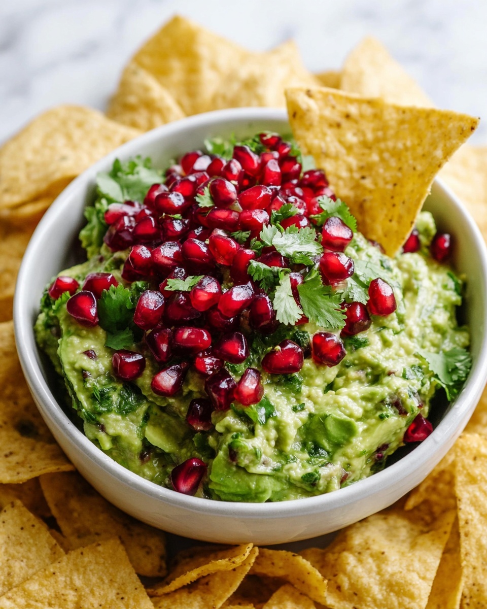 The image shows a bowl of guacamole with pomegranate seeds and cilantro. The bottom layer is a thick, creamy green guacamole with pieces of avocado and small bits of herbs mixed throughout. On top of this green layer is a thick layer of bright red pomegranate seeds, adding texture and a glossy shine. Scattered on the seeds are small green cilantro leaves. A triangular tortilla chip is dipped into the guacamole, showing texture and color contrast. The bowl is white and sits on a white marbled surface, with golden tortilla chips spread around the bowl. Photo taken with an iphone --ar 4:5 --v 7