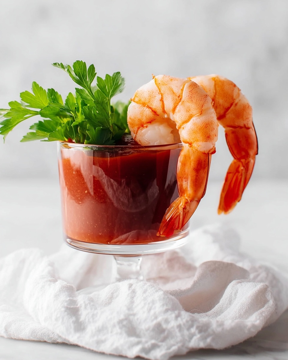 A clear glass cup filled halfway with thick red cocktail sauce, with two large pink and orange shrimp hanging on the rim, showing their cooked texture and curled tails. Inside the cup, behind the shrimp, are bright green parsley leaves poking out above the sauce. The cup stands on a white marbled surface with a soft white cloth around its base, with a clean and bright light background. photo taken with an iphone --ar 4:5 --v 7