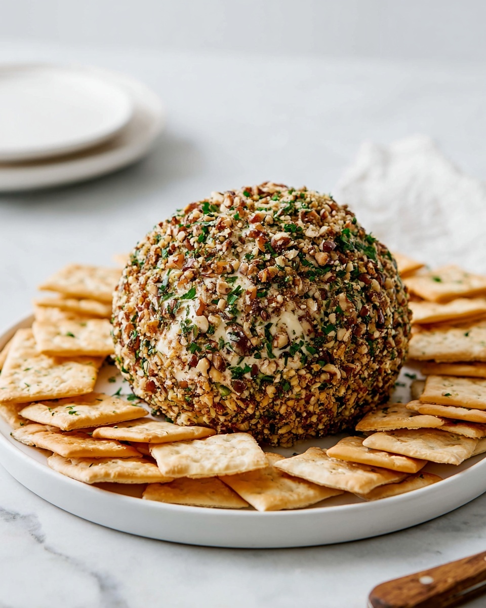 A dome-shaped cheese ball covered with a rough layer of finely chopped brown nuts and green herbs all over, sitting in the center of a round white plate. Around the cheese ball, there is one layer of neatly arranged light tan square crackers overlapping each other slightly. The plate rests on a white marbled surface, and the background is clean and light with a blurred white plate and a wooden-handled cheese knife in view near the bottom right corner. Photo taken with an iphone --ar 4:5 --v 7