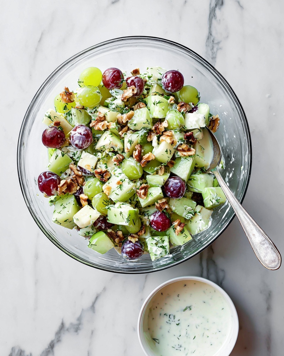 A clear glass bowl filled with a fresh salad made of three main layers: light green celery pieces with a smooth texture, green apple cubes showing crisp edges, and halved red grapes with a shiny, smooth surface. Scattered throughout the salad are small light brown walnut pieces with a rough texture and bits of finely chopped dark green herbs on top. The salad is lightly coated with creamy white dressing visible between the ingredients. A silver spoon rests inside the bowl, mixing the salad. The bowl is placed on a white marbled surface with subtle grey veining, and below it, there is a smaller white bowl containing extra white creamy dressing and a silver spoon. Photo taken with an iphone --ar 4:5 --v 7