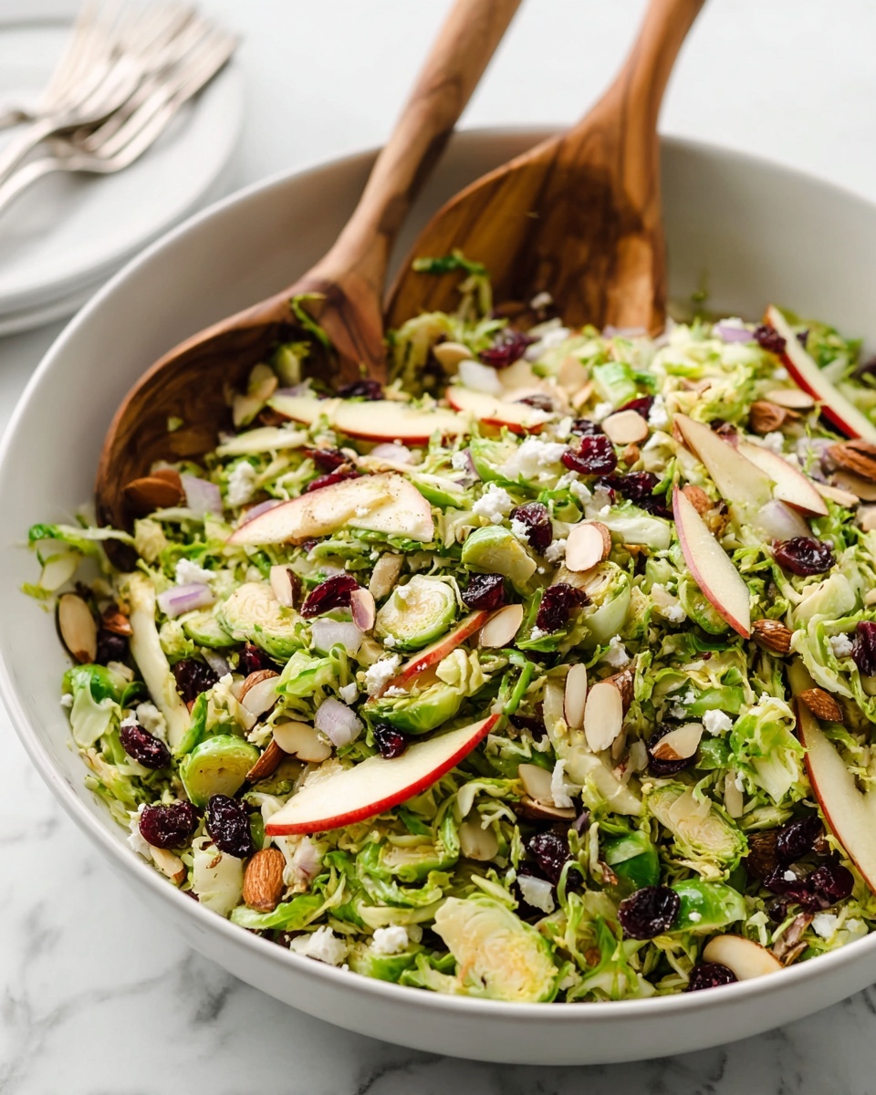 A white bowl filled with a mixed salad showing several layers and colors: the bottom layer contains finely shredded green Brussels sprouts, topped with thin slices of red-skinned apple spread evenly. Scattered throughout the salad are small pieces of chopped light purple onion, along with dried dark red cranberries and sliced light brown almonds. Small dots of white cheese are mixed in, adding texture contrast. Two wooden spoons rest inside the bowl, partially covered by the salad, with the grain pattern of the wood clearly visible. The bowl sits on a white marbled surface, and the top edge of a white plate with silver forks is slightly visible in the background. Photo taken with an iphone --ar 4:5 --v 7