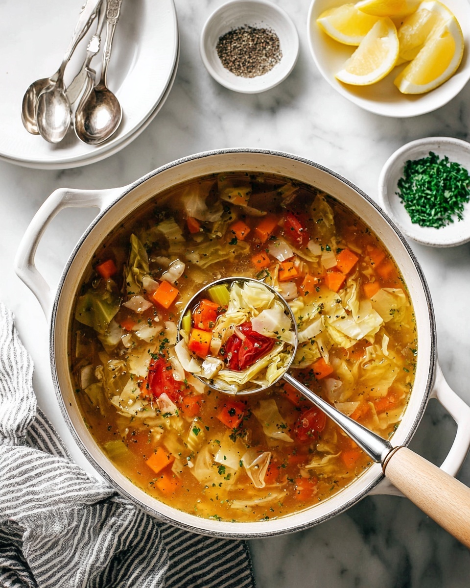 A large white pot filled with a clear vegetable soup containing layers of chopped cabbage, orange carrot cubes, green celery pieces, and small red tomato chunks, all floating in a light brown broth sprinkled with green herbs and black pepper. A silver ladle with a light wooden handle lifts a spoonful of the soup, showing a mix of the colorful vegetable pieces. Around the pot are two white plates stacked, a small white bowl with three lemon wedges, a small bowl of chopped green herbs, a plate with black pepper, and two silver spoons on a white marbled surface with a striped gray cloth nearby. Photo taken with an iphone --ar 4:5 --v 7