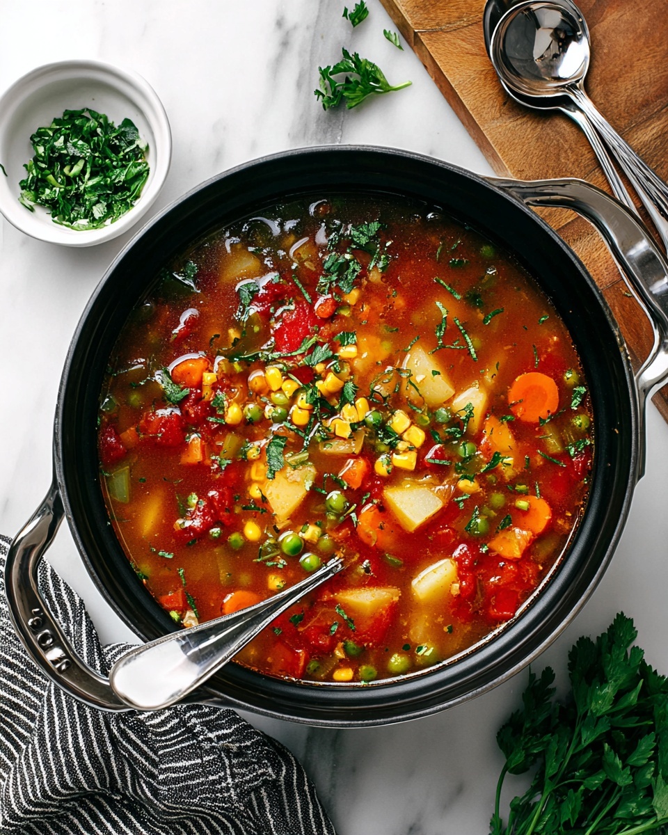 A large round black pot filled with vegetable soup sits on a white marbled surface. The soup has a clear reddish-brown broth with many colorful layers inside it, including chunks of red tomatoes, orange carrot slices, green peas and beans, yellow corn, and light yellow potato pieces. Fresh green herbs are sprinkled over the top. A silver spoon rests inside the pot, partially submerged in the soup. Next to the pot, there is a white bowl with two silver spoons and a small white bowl of chopped green herbs. A wooden board with fresh parsley lies nearby, along with a black and white striped cloth under the pot. photo taken with an iphone --ar 4:5 --v 7