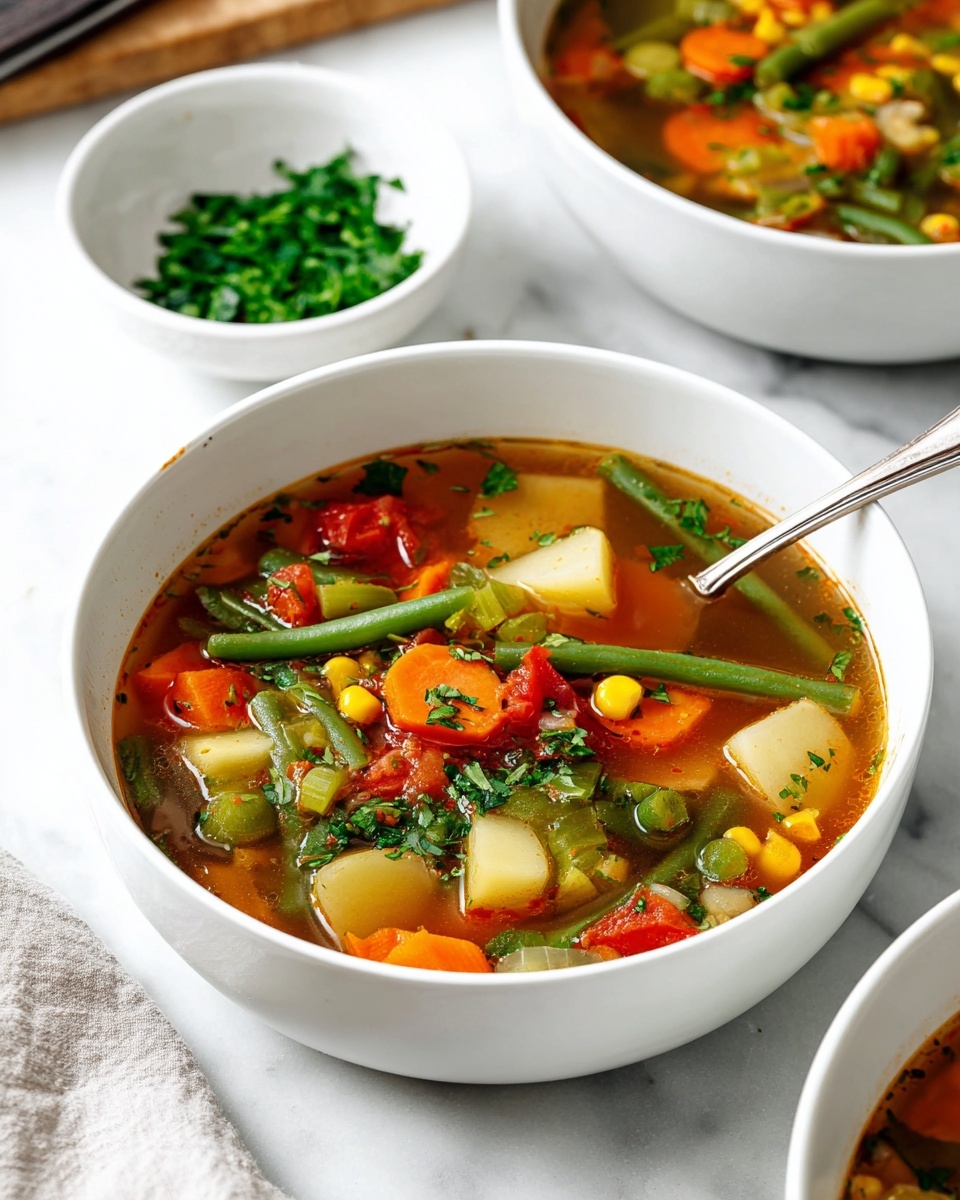A white bowl filled with vegetable soup sitting on a white marbled surface, showing visible layers of green beans, orange carrot chunks, red tomato pieces, white potato cubes, yellow corn kernels, and green celery pieces all mixed in a clear brown broth with small bits of green herbs floating on top; a silver spoon inside the bowl rests against the rim. Behind the bowl, there is a smaller white bowl containing chopped green herbs. Another white bowl of soup and some kitchen items partially appear in the background, alongside a wooden board and a knife. Photo taken with an iphone --ar 4:5 --v 7