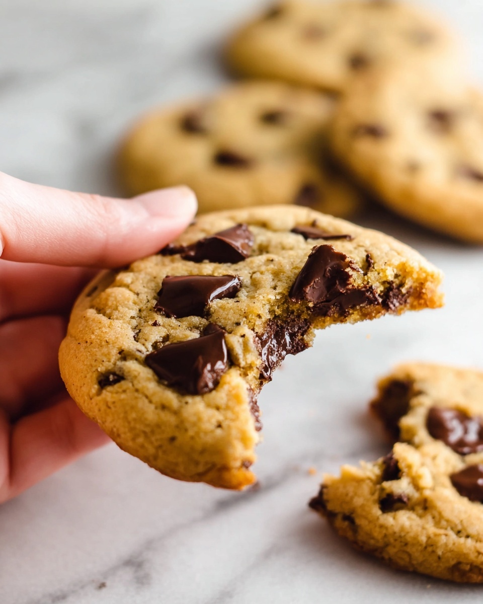A close-up of a woman's hand holding a bitten chocolate chip cookie showing a soft, light brown texture with large dark brown melted chocolate chips on the surface. In the background, there are other whole and broken cookies lying on a white marbled surface, blurred softly to keep the focus on the cookie being held. The cookie’s edges are slightly crumbly, and the shiny melted chocolate chips stand out against the cookie dough. photo taken with an iphone --ar 4:5 --v 7