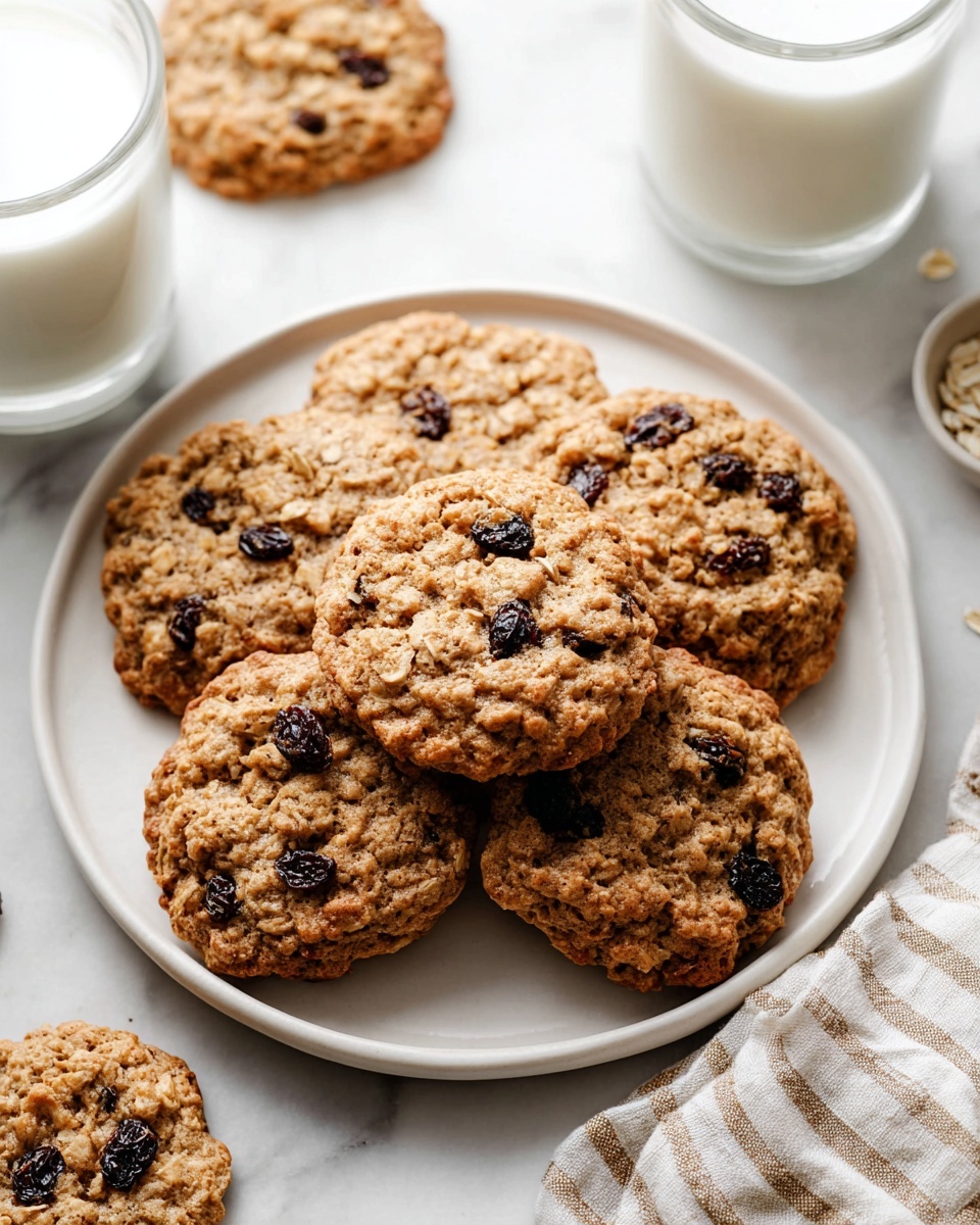 There is a stack of four oatmeal raisin cookies placed on a white marbled surface. Each cookie shows a rough, bumpy texture with visible oats and dark raisins scattered throughout. The colors are warm browns and golden tones, giving the cookies a homemade look. In the blurred background, white stacked plates and a white mug add a simple, clean setting. The lighting is soft and natural, highlighting the cookie texture and details well. photo taken with an iphone --ar 4:5 --v 7