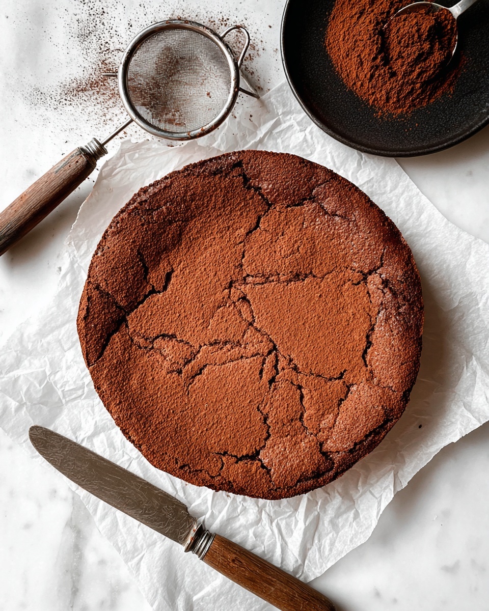 The image shows a dark brown chocolate cake with a soft and smooth texture, cut into slices placed on white parchment paper over a white marbled surface. The cake has two layers: a thick, dense bottom layer and a lighter, cracked top layer dusted with fine cocoa powder. Near the cake, there is a metal strainer with a wooden handle resting on a white surface, filled with cocoa powder that is lightly spread around. The whole setup is simple and clean, highlighting the rich chocolate cake. photo taken with an iphone --ar 4:5 --v 7