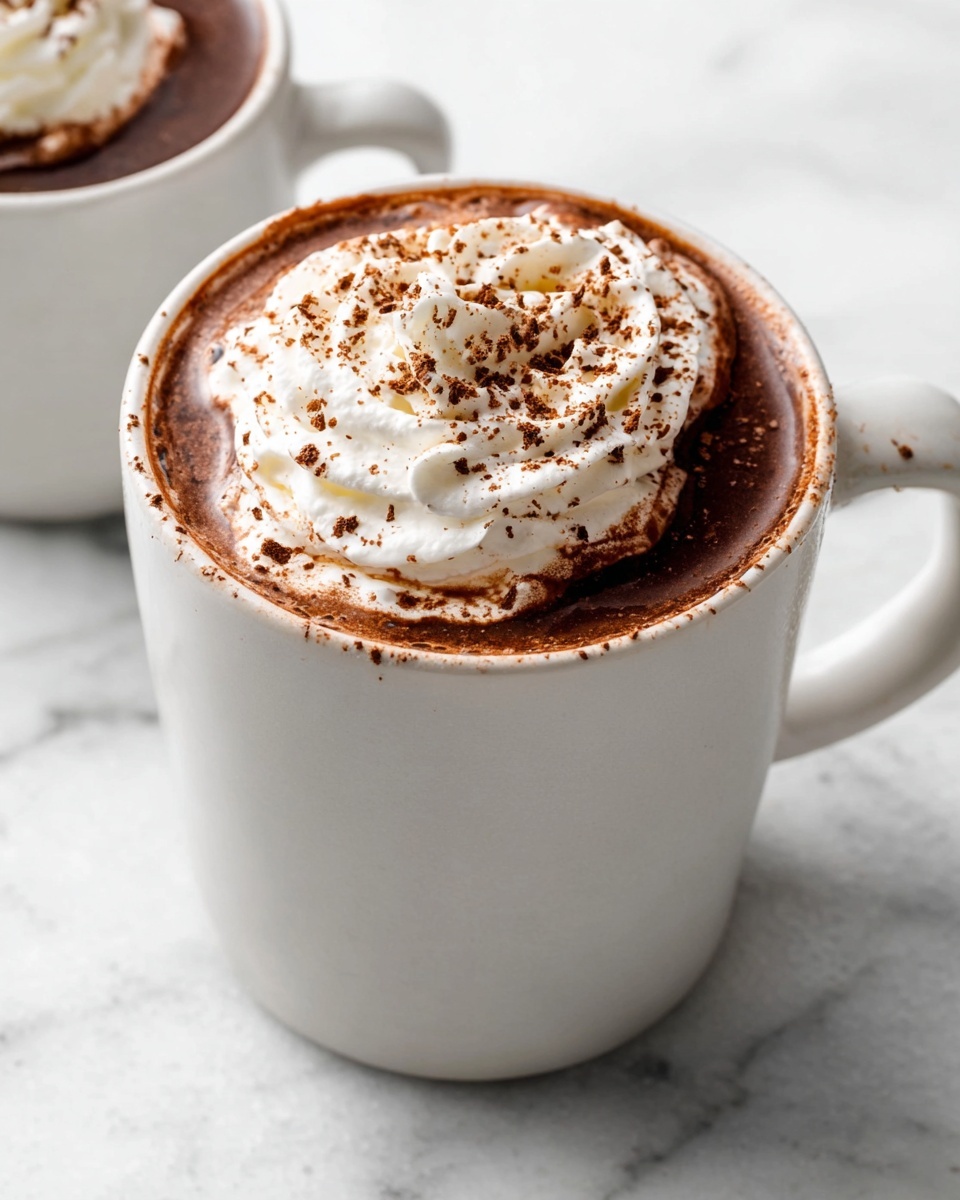Two white mugs filled with dark brown hot chocolate are topped with thick white whipped cream that spreads unevenly over the surface, sprinkled with a dusting of cocoa powder creating a speckled dark brown pattern on top. The mugs sit on a white marbled textured surface, accompanied by a white plate holding a metal sieve filled with cocoa powder, some spilled around it. A crumpled white cloth is nearby, adding softness to the setup. photo taken with an iphone --ar 4:5 --v 7