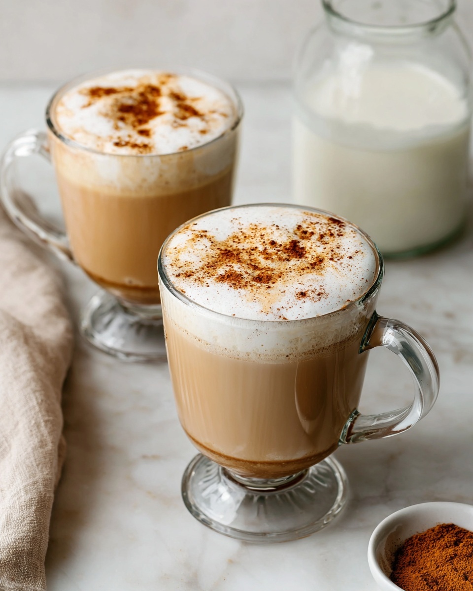 Two clear glass mugs with handles hold layered drinks on a white marbled surface. Each mug has a bottom layer of light brown liquid filling about three-quarters of the mug. On top is a thick layer of white frothy foam that covers the mugs fully, dusted with scattered brown powder spice. In the background, there is a small white bowl filled with brown powder and a white spoon resting inside. The whole scene has a soft, cozy feel. photo taken with an iphone --ar 4:5 --v 7