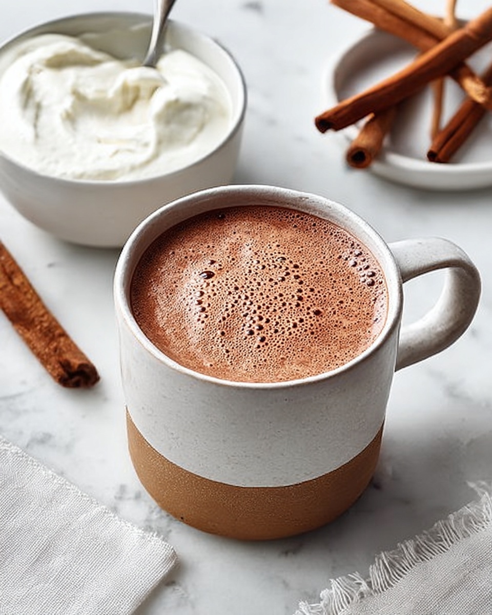 Three white speckled mugs filled with chocolate drink are arranged on a white marbled surface. The chocolate has a smooth, bubbly foam layer on top with tiny bubbles spread evenly. Around the mugs, there are a few cinnamon sticks and broken pieces scattered on the surface. To the left, a white bowl with soft, creamy whipped topping and a spoon resting in it is partly visible next to a light gray fringed cloth. The scene has a warm and cozy feeling. photo taken with an iphone --ar 4:5 --v 7
