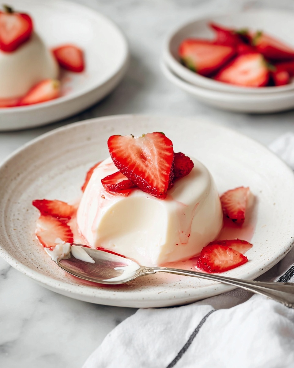 The image shows a smooth, round white panna cotta dessert sitting on a textured white plate, topped with a few slices of bright red strawberries and a light pink syrup drizzled over it. Around the panna cotta on the plate, there are more strawberry slices and syrup spots. A silver spoon holding a scoop of the creamy panna cotta is placed resting on the plate, curving towards the bottom left. The background features a white marbled surface with part of a soft, white cloth with thin dark stripes on the right side. In the back, there is a blurry white plate with more strawberry slices and a spoon with some panna cotta. photo taken with an iphone --ar 4:5 --v 7