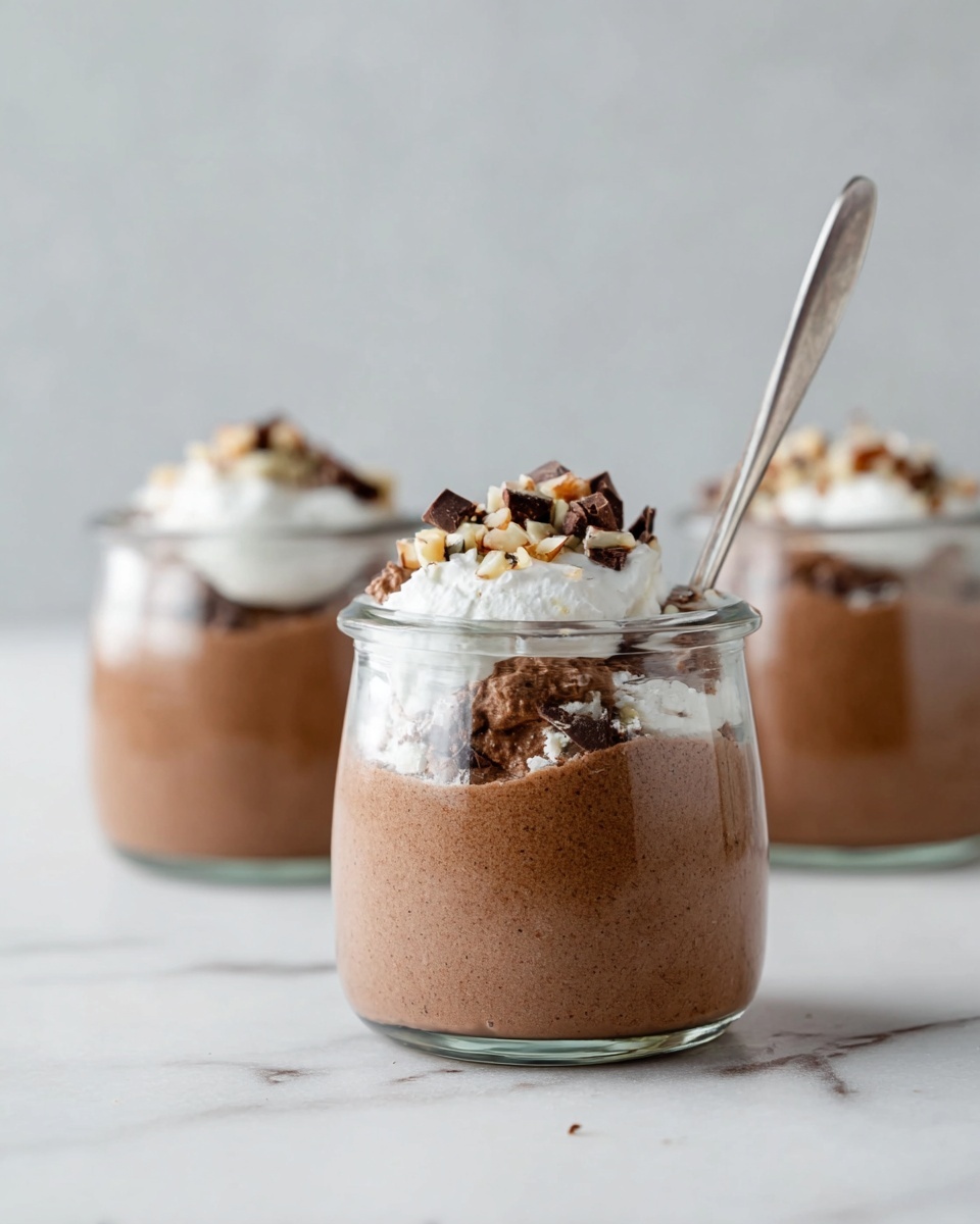 Four clear glass jars filled with one layer of light brown smooth chocolate mousse, each topped with a dollop of white whipped cream, dark brown chocolate shavings, and small pieces of chopped light brown nuts. The jars are arranged on a white marbled surface, with three silver spoons placed beside them to the left. The image is taken from above, showing clear details of the toppings and texture of the mousse photo taken with an iphone --ar 4:5 --v 7