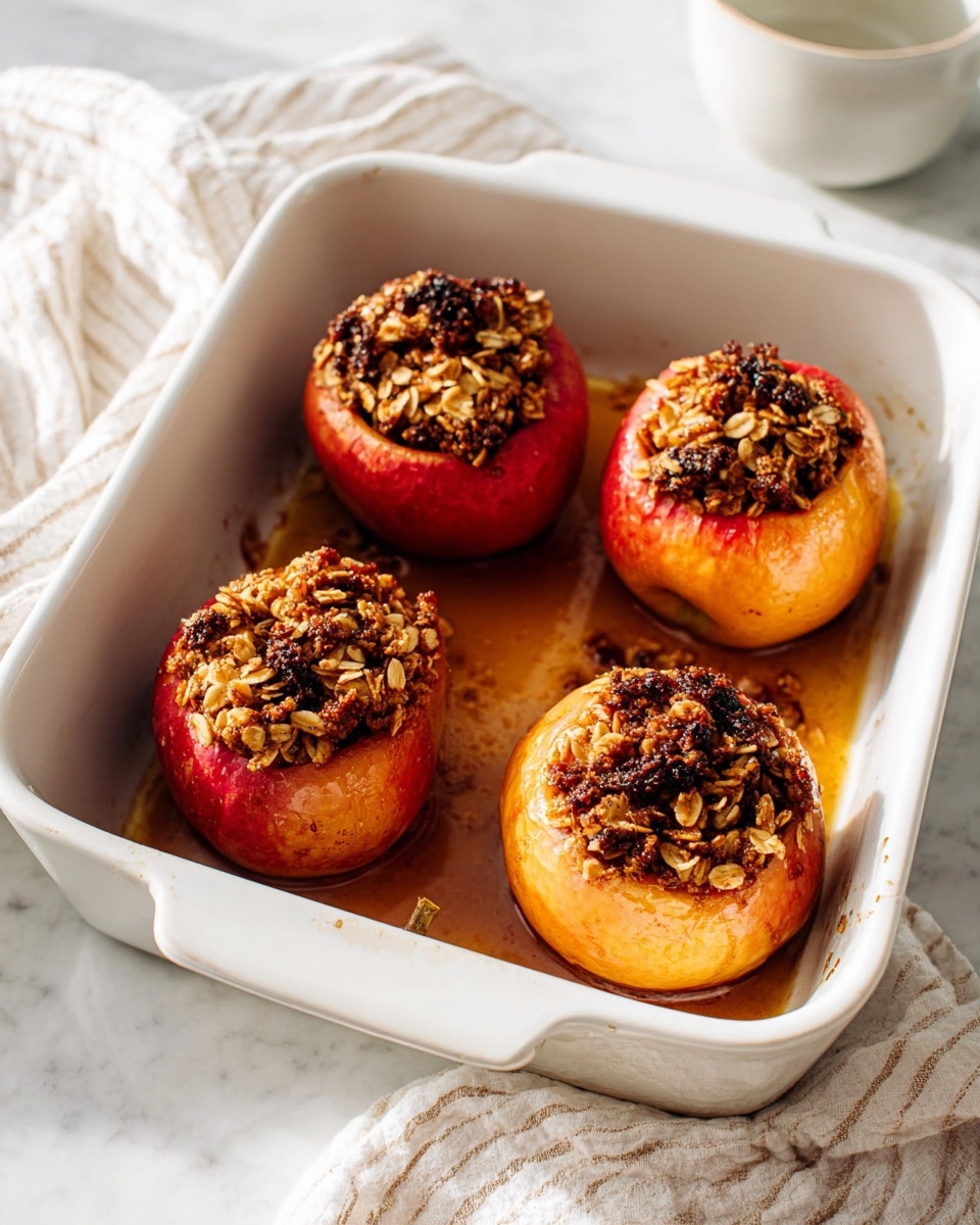 Four baked apples are arranged inside a white rectangular baking dish, each apple hollowed and filled with a dark brown, chunky granola mixture that includes oats and dried fruit, creating a textured and slightly crispy top layer. The apples vary slightly in red and yellow tones, their skins softened and wrinkled from baking, with some juices pooled at the bottom of the dish, giving a warm amber color. The baking dish sits on a white marbled surface with a white and beige striped cloth nearby. Soft natural light highlights the warm, homey feel of the dish. Photo taken with an iphone --ar 4:5 --v 7
