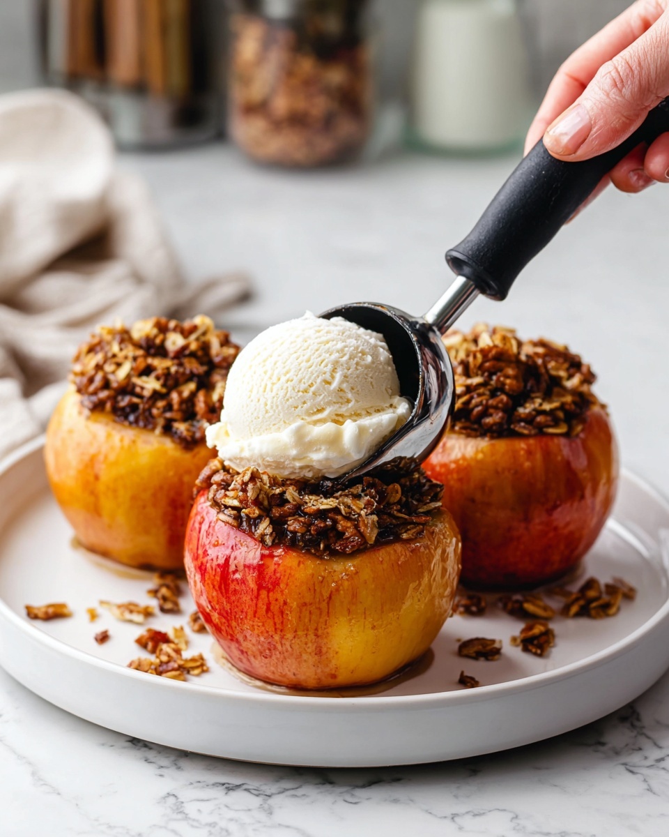 Three baked apples with slightly wrinkled red and yellow skin sit on a white plate. Each apple is hollowed out and filled with a dark brown crunchy topping made of oats and nuts, visible on the top layer. On top of this filling, a scoop of white creamy ice cream is placed, one scoop per apple. A woman's hand is holding a black ice cream scooper, placing a scoop on the nearest apple. The plate is on a white marbled surface, and the background has blurred kitchen items. Photo taken with an iphone --ar 4:5 --v 7