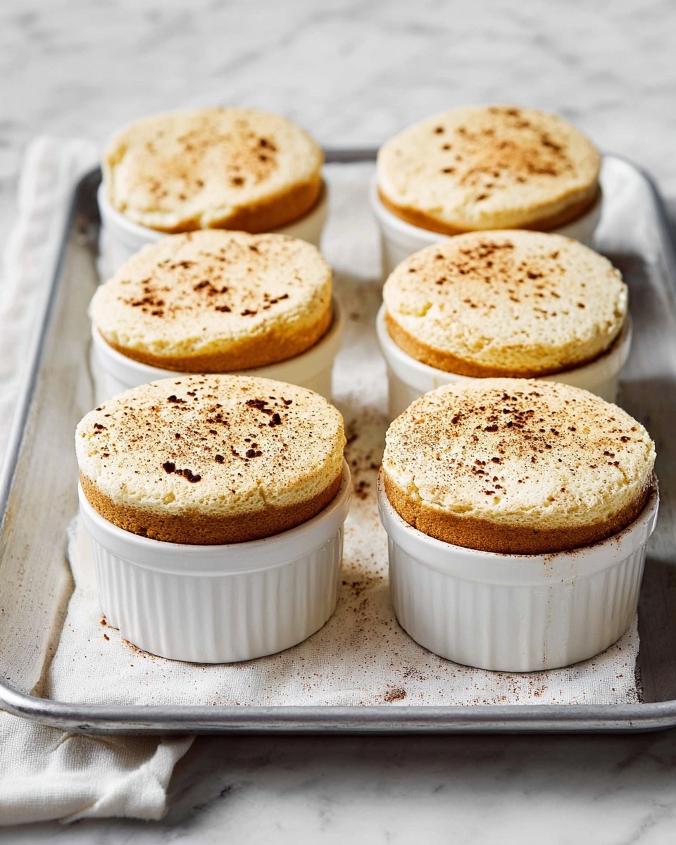 The image shows six round soufflés in white ceramic ramekins arranged in two rows on a rectangular silver tray. Each soufflé has two layers: the bottom layer is a darker golden brown with a soft texture, and the top layer is lighter beige with a slightly fluffy and spongy look, sprinkled with small dark brown spots of spice. The soufflés rise slightly above the ramekin edges. The tray sits on a white marbled surface with a white cloth underneath. photo taken with an iphone --ar 4:5 --v 7