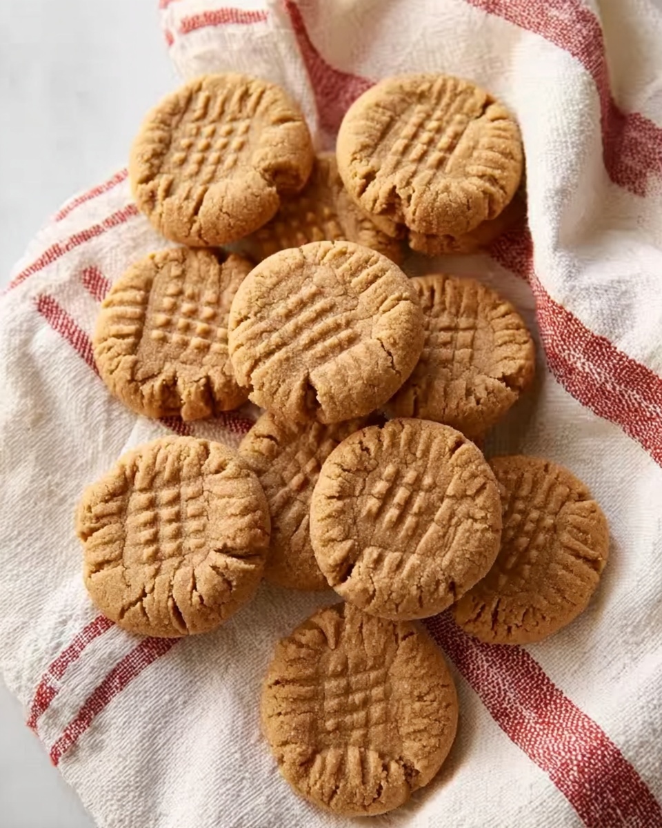 A tall stack of eight golden brown peanut butter cookies with a crisscross fork pattern on top sits in the center, their rough and crumbly texture clearly visible. To the right, two more cookies lie flat on the white marbled surface, showing the same pattern and texture. Surrounding the cookies, a white cloth with bold red stripes is casually spread out, adding color and softness to the scene. In the blurred background, a wooden board with more cookies and a metal kitchen tool rests, with warm yellow bokeh lights creating a cozy atmosphere. photo taken with an iphone --ar 4:5 --v 7
