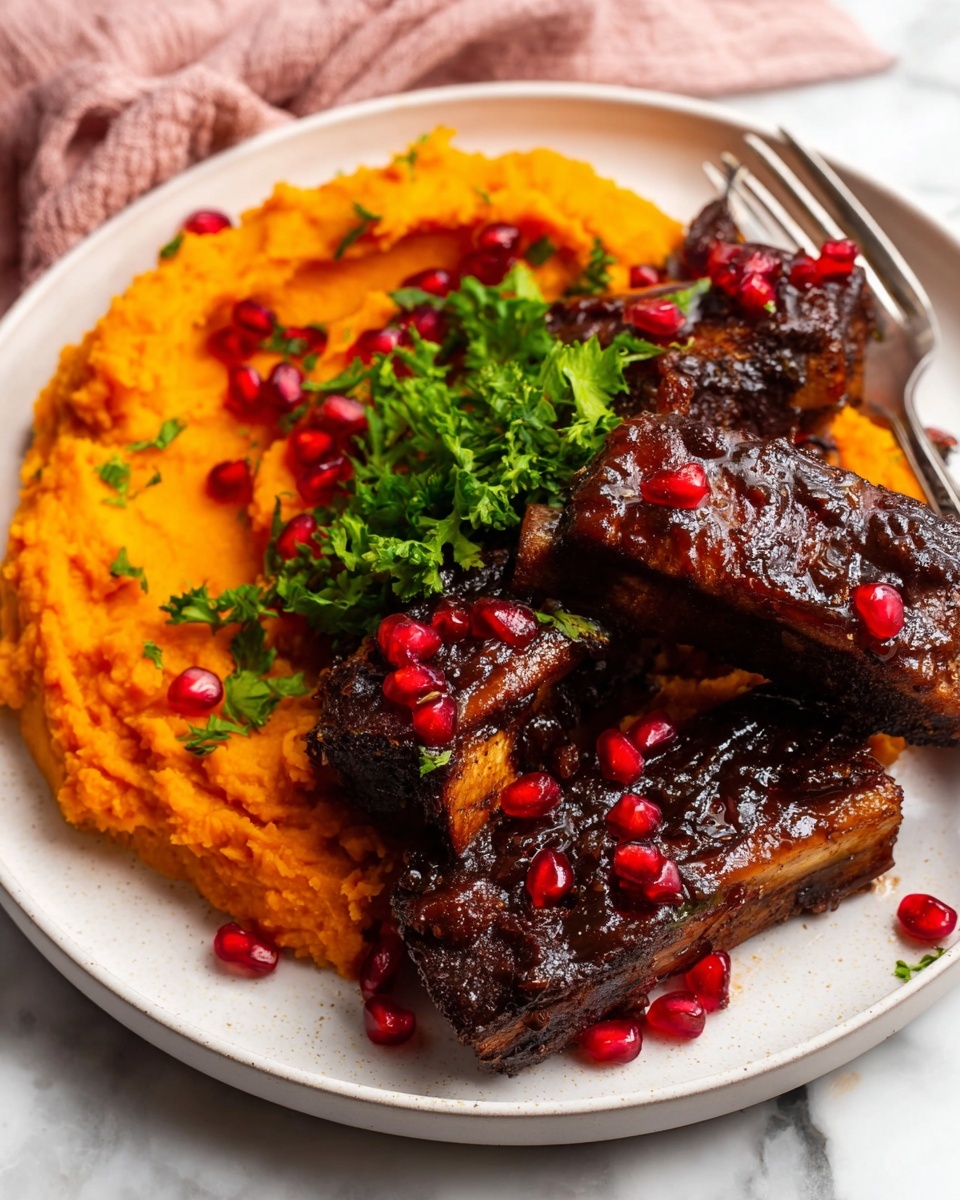 The image shows a white plate filled with three dark brown grilled ribs on the right side, garnished with bright green parsley and scattered red pomegranate seeds, with a shiny brown sauce drizzled over and around the ribs. On the left side, there is another white plate with a large scoop of bright orange mashed sweet potatoes covering half the plate, next to three dark brown ribs placed over the mashed potatoes, also topped with parsley and pomegranate seeds. A silver fork rests on the edge of this plate. A small white dish filled with shiny red pomegranate seeds sits nearby on a white marbled surface. A glass of dark red wine, a cork, and a bottle are placed in the upper part of the image on top of a soft light pink cloth. The photo taken with an iphone --ar 4:5 --v 7