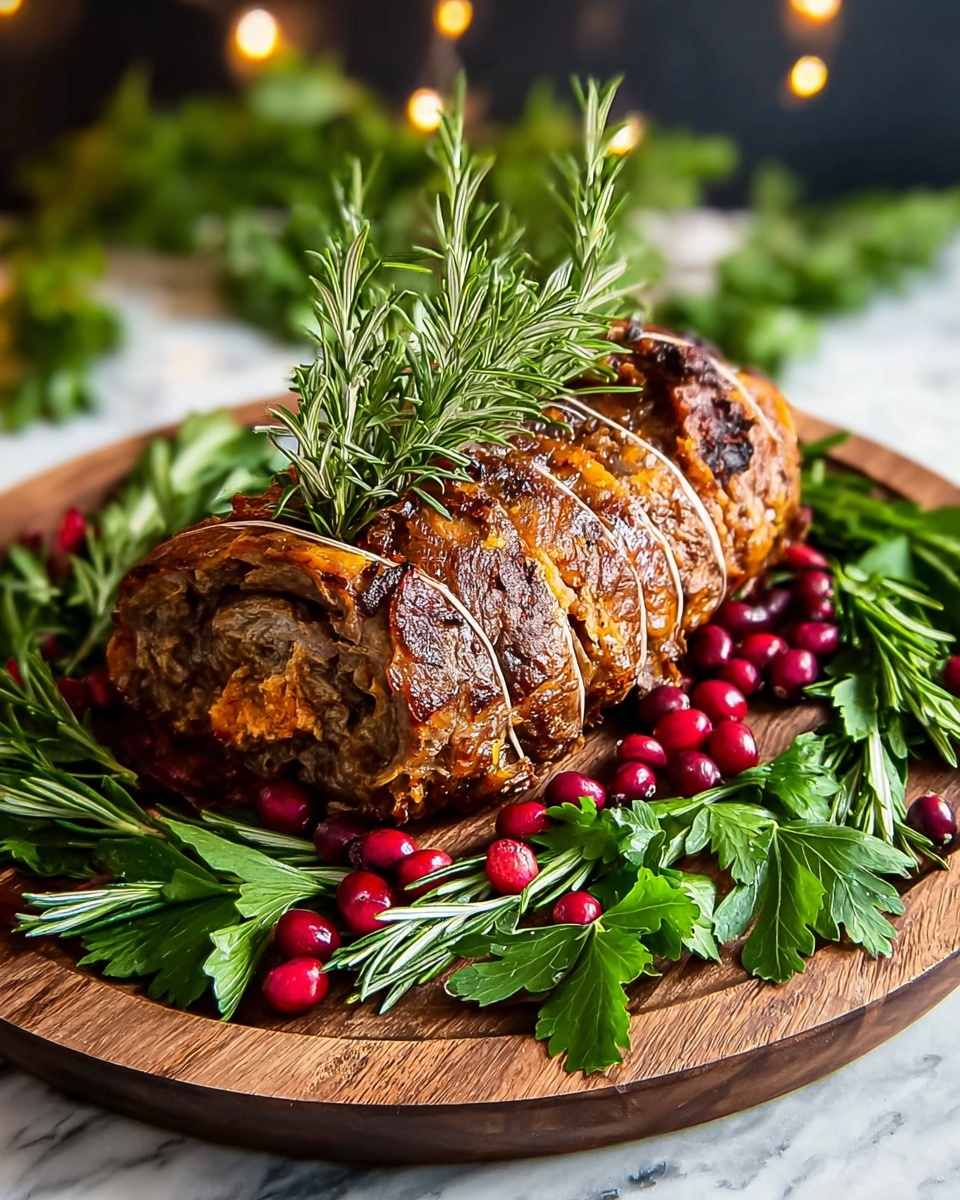 The image shows a roasted meat roll tied with string, placed on a round wooden board. The meat is browned with a slightly crispy texture on the outside. It is garnished with fresh green rosemary sprigs standing upright on top and surrounded by leafy green herbs and bright red cranberries evenly spread around the board. The background is blurred and dark, highlighting the food. The whole setup rests on a white marbled surface. photo taken with an iphone --ar 4:5 --v 7