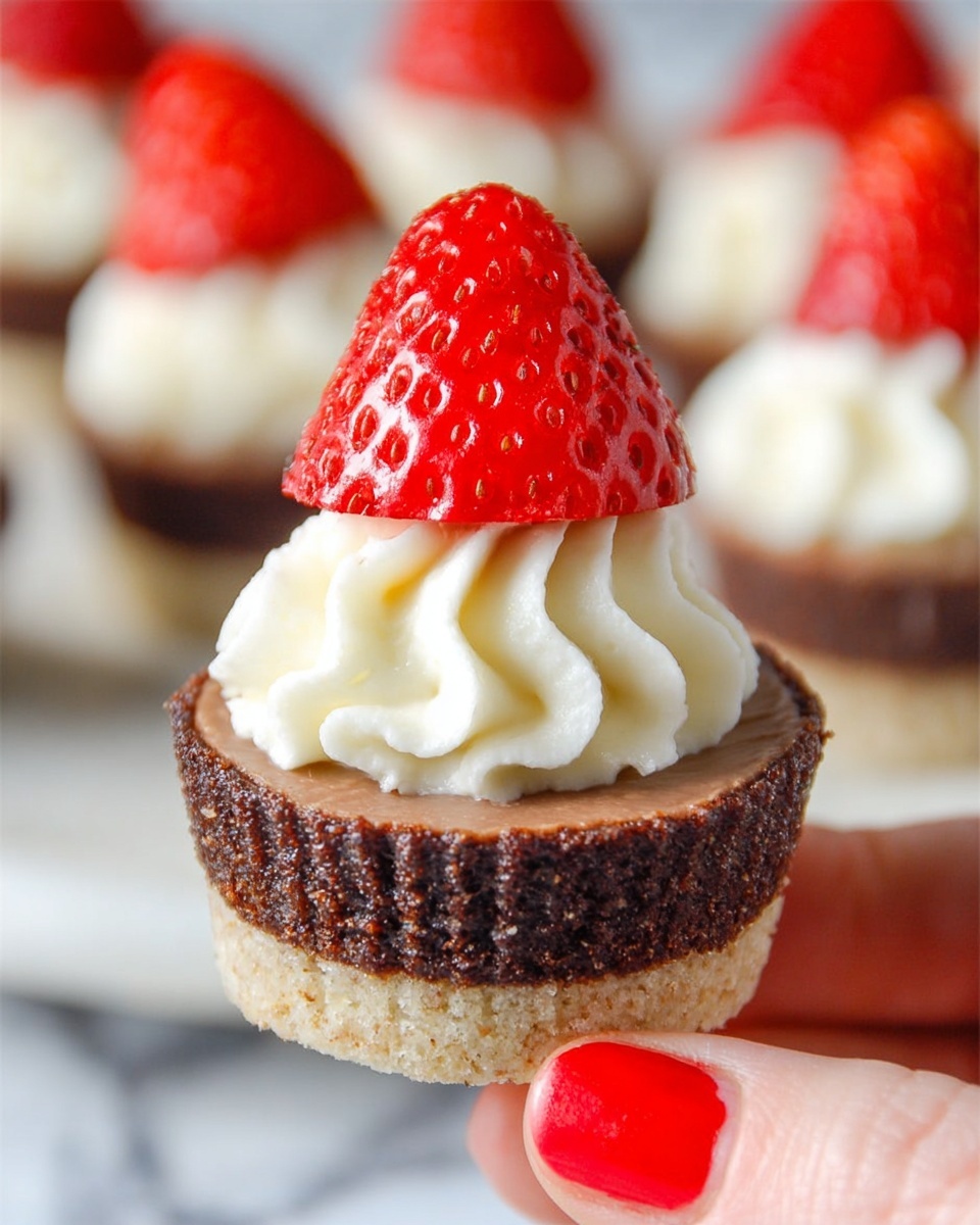 A close-up of a small dessert held by a woman's hand with red nail polish, showing three visible layers: the bottom layer is a light brown crumbly crust, the middle layer is a thick dark brown chocolate filling with a textured edge, and the top layer has white creamy frosting forming a circular base and a small swirl, topped with a bright red strawberry cut in half standing upright with its pointed part up. In the blurred background, there are more of the same desserts placed on a white marbled surface. photo taken with an iphone --ar 4:5 --v 7