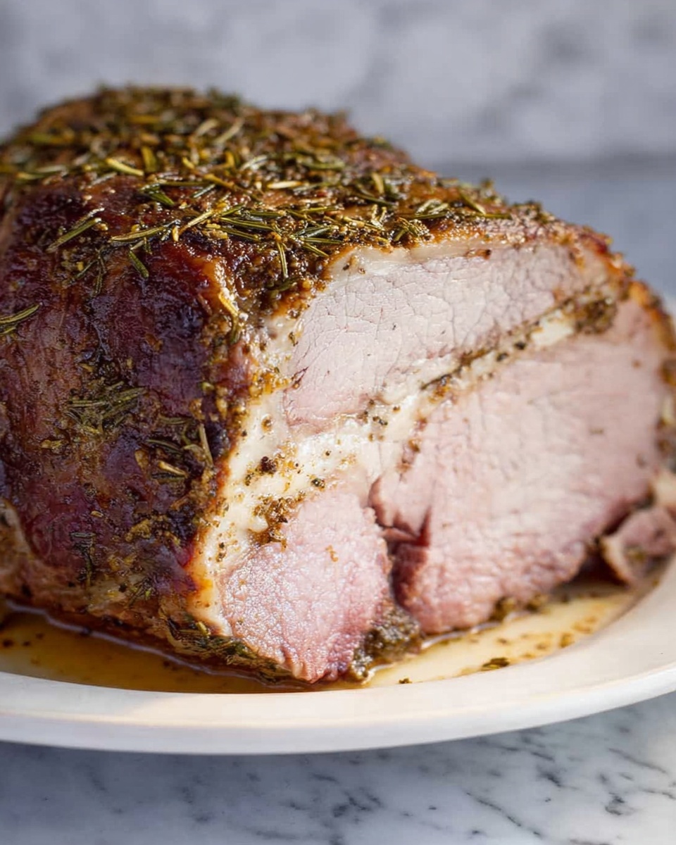 A thick slice of roast meat with a dark brown crust sprinkled with small pieces of green herbs, likely rosemary, covering the top and sides. The inside shows a single, thick layer of tender, pale pink meat with a smooth texture, and some lighter fat lining the outer edge. The roast sits on a clean white plate that is placed on a white marbled surface. The edges of the roast show some browned seasoning and cooked juices. Photo taken with an iphone --ar 4:5 --v 7
