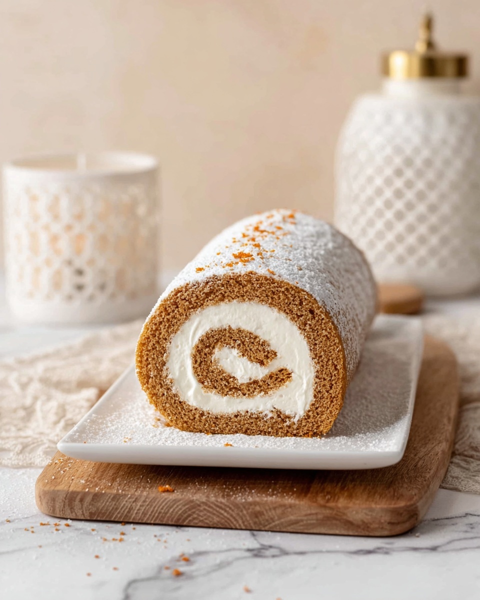 A rolled cake is shown on a white rectangular plate, sitting on a wooden board over a white marbled surface. The cake has two visible layers: a thick, light brown outer sponge layer with a soft texture and a smooth white cream filling spiraled inside. The top of the cake is dusted with a fine white powder, likely powdered sugar. Small white and orange crumbs are scattered around the plate and board. Behind the plate, there is a white patterned jar and a white candle with a gold base, all against a soft, light beige background. photo taken with an iphone --ar 4:5 --v 7