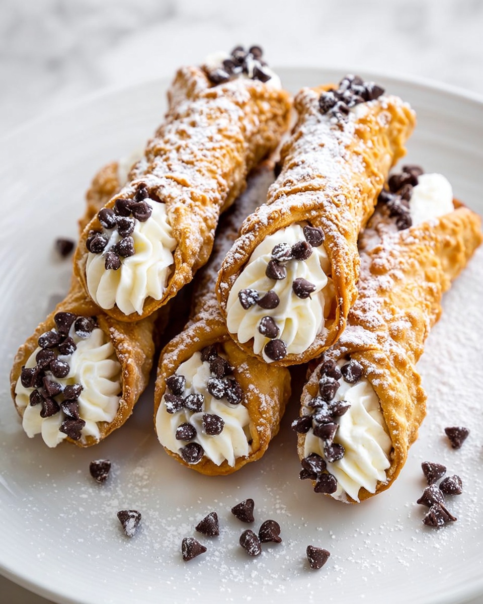 The image shows six cannoli arranged neatly on a white plate, placed on a white marbled surface. Each cannoli has a golden-brown, crispy shell with small bubbles and a light dusting of powdered sugar on top. Both ends of each shell are filled with smooth, creamy white ricotta filling that is piped with ridges, topped with small scattered dark chocolate chips. Some extra chocolate chips are scattered loosely on the plate around the cannoli, adding texture and color contrast. The overall look is crisp, creamy, and inviting. photo taken with an iphone --ar 4:5 --v 7