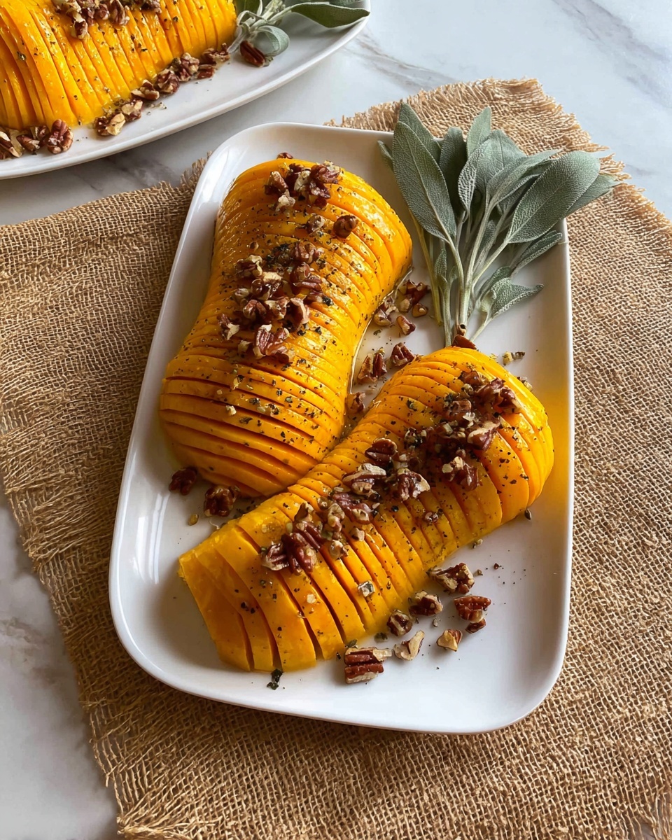 A long, thin, orange butternut squash with many thin vertical slices all along its length is placed in the middle of a white rectangular plate. Dark brown small pieces of nuts are sprinkled on top and around it, with a light sprinkle of black pepper on the squash surface. On the left side of the plate, there are a few green leaves for garnish. The plate rests on a brown textured mat set on a white marbled surface. In the background, a blurred view shows another white rectangular plate with more of the same squash. A spoon is placed to the right side of the main plate. Photo taken with an iphone --ar 4:5 --v 7