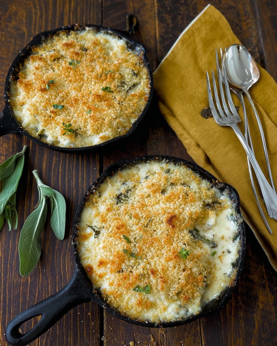 Two cast iron skillets sit on a dark wooden surface, each filled with a baked dish that has a creamy, melted cheese base topped with a golden-brown breadcrumb crust speckled with small bits of green herbs. The cheese base is bubbling slightly at the edges, showing a smooth and rich texture beneath the crunchy top layer. Next to the skillets is a yellow cloth with a shiny spoon and fork resting on it, and a few green herb leaves nearby. The scene is cozy and rustic with warm tones and natural lighting. photo taken with an iphone --ar 4:5 --v 7