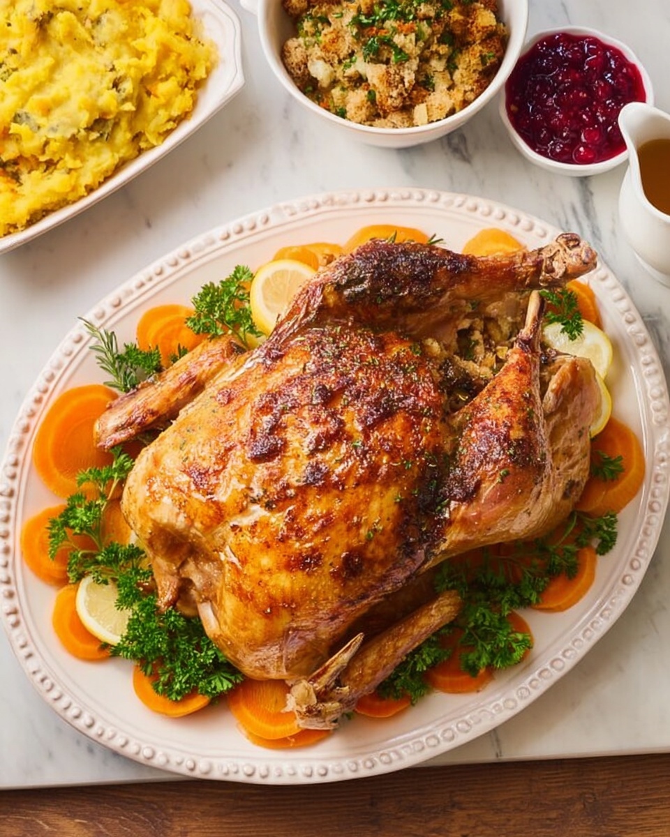 A golden brown roasted whole turkey sits in a stainless steel roasting pan with a rack. The turkey has a shiny, crispy skin with visible seasoning. Beneath the turkey on the rack, there are sliced orange carrots and thick white onion rings spread out evenly. A meat thermometer is inserted into the turkey's thick thigh, showing the temperature reading. The background is a white marbled surface. photo taken with an iphone --ar 4:5 --v 7