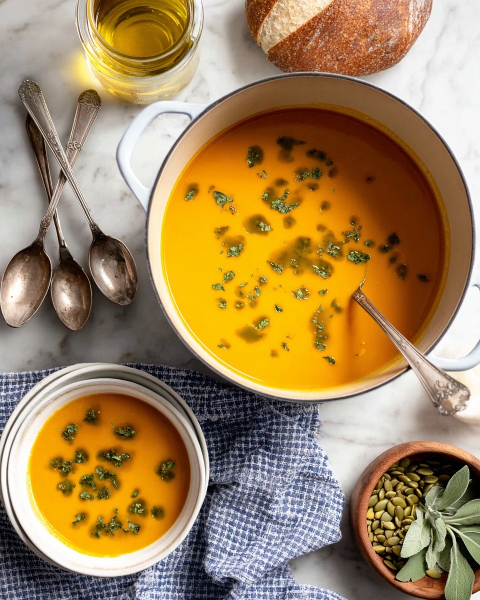 A large white pot filled with smooth, bright orange soup, sprinkled with small green herb pieces, sits on a white marbled surface. Nearby, a stack of two white bowls holds more of the same soup, also topped with bits of green herbs, with a silver spoon resting inside the top bowl. A blue and white checkered cloth is casually folded next to the pot. Two silver spoons lie side by side on the surface close to the bottom left. To the right, a small wooden bowl contains green pumpkin seeds, and fresh green sage leaves are placed beside it. A small jar with yellow liquid and a light wooden grinder are also visible. Photo taken with an iphone --ar 4:5 --v 7