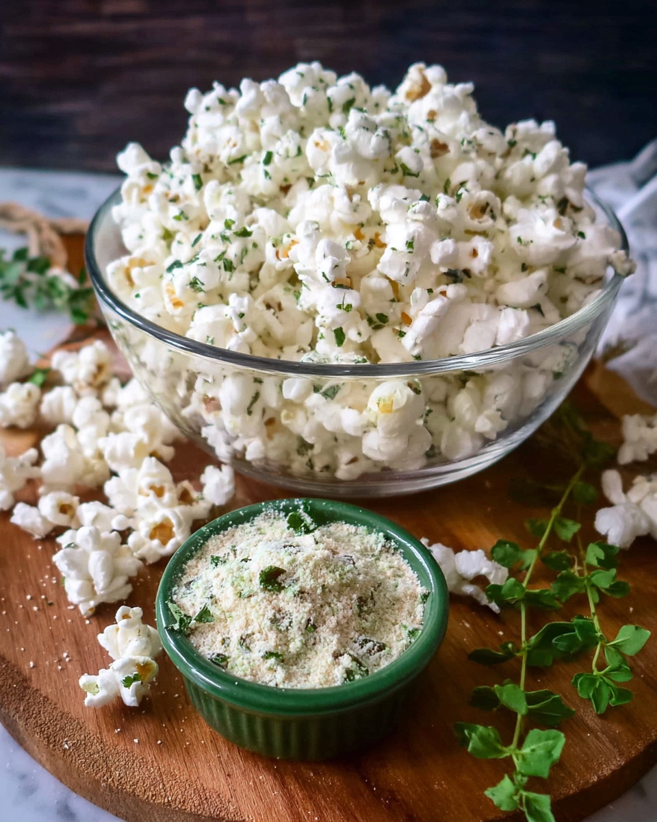 A clear glass bowl full of white popcorn with small green herb specks is placed on a wooden surface with scattered popcorn around it. A green bowl filled with light beige powder mixed with bits of green herbs sits in front of the glass bowl. Some green herb leaves decorate the scene, and the background is dark, with the whole setup on a white marbled texture. photo taken with an iphone --ar 4:5 --v 7