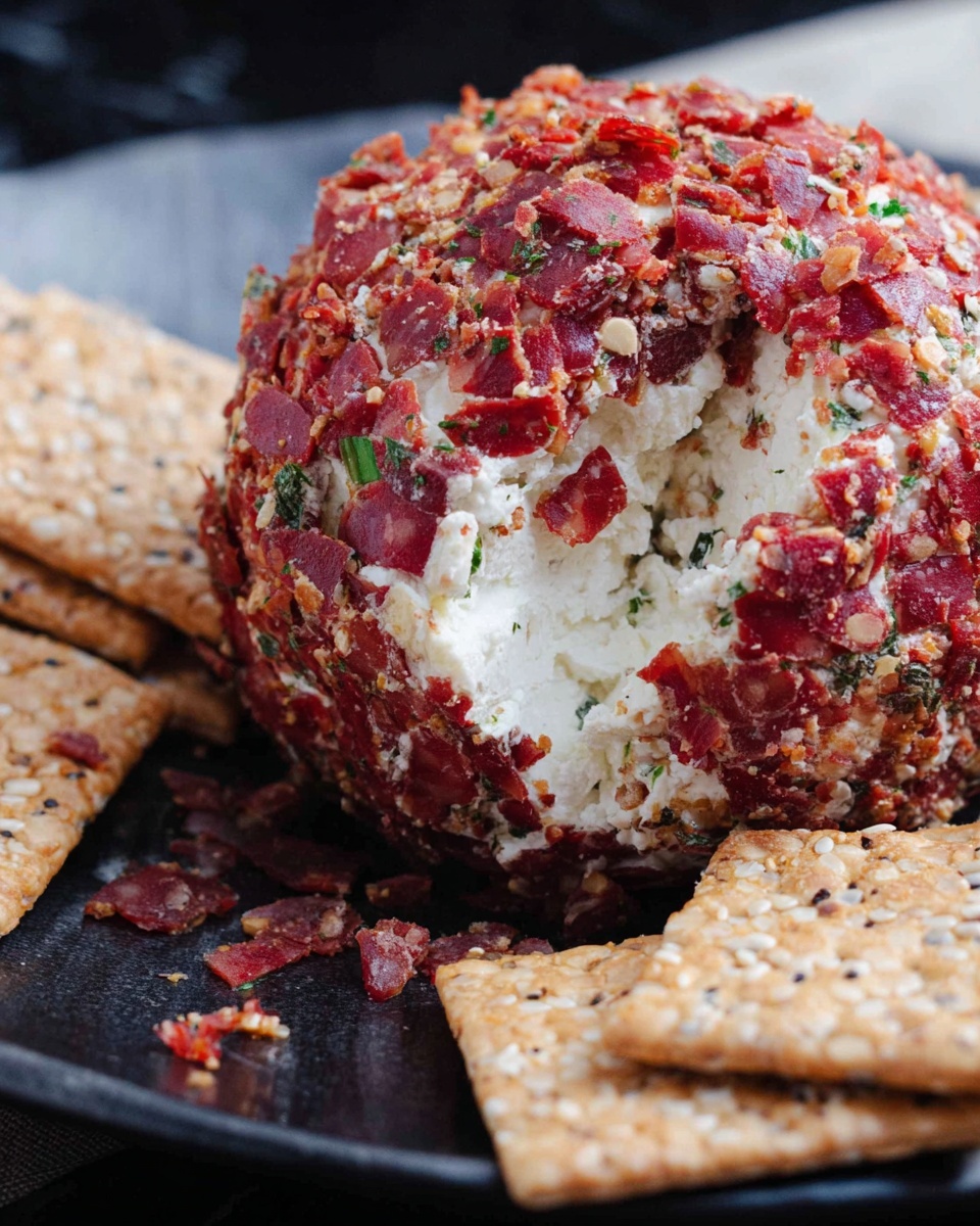 A round cheese ball covered in small pieces of red cured meat with green herbs mixed in. The cheese ball is white and creamy inside with a rough texture from the meat on the outside. It sits on a black plate next to several square crackers that have a light brown color and are topped with sesame seeds. The background shows a white marbled texture. Photo taken with an iphone --ar 4:5 --v 7