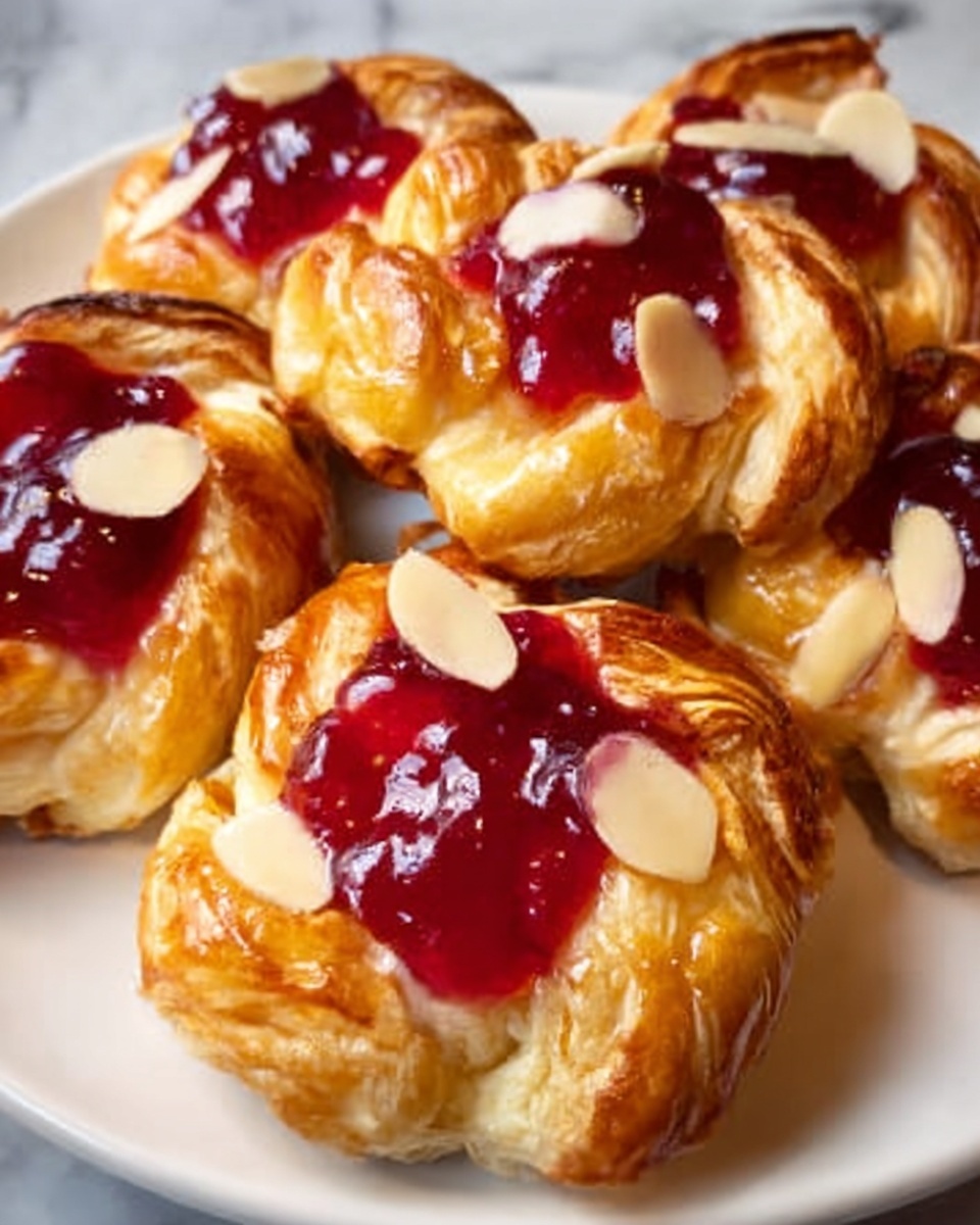 The image shows a close-up of several small pastries arranged on a white plate, all placed on a white marbled surface. Each pastry has three visible layers of golden brown, flaky dough twisted into a knot shape. On top of the dough, there is a bright red cherry filling, glossy and rich in color, sitting in the center of each pastry. Drizzled over the pastries is a light pink icing in thin lines, adding a shiny contrast. Thin, light brown almond slices are scattered on top of the icing, adding texture and a slightly curved shape to the look of the pastries. photo taken with an iphone --ar 4:5 --v 7